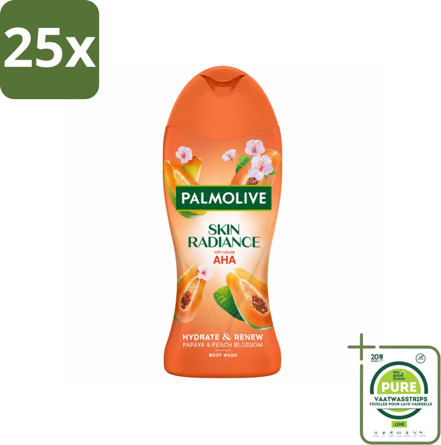 25 x Palmolive – Douchegel – Skin Radiance Papaya Peach – 250 ml - Grootverpakking - Vaatwasstrips - Douchegel - Exfoliatie - Huidverheldering - Papaja - Perzik