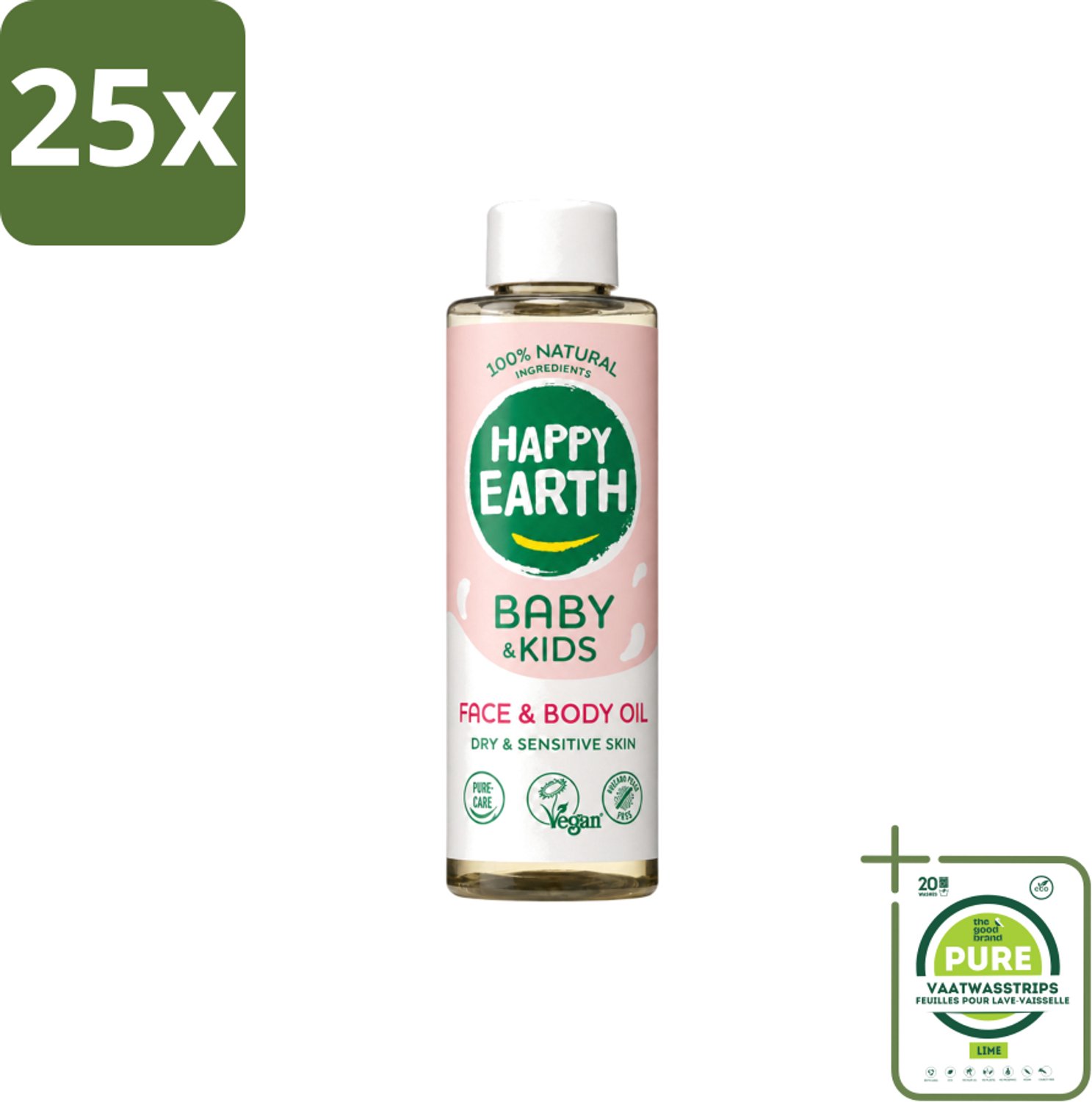 25 x Happy Earth – Face & Body Oil – 100% Natuurlijk Baby & Kids – 150 ml - Grootverpakking - Vaatwasstrips - Babyolie - Gezichtsolie - Lichaamsoil - Natuurlijke Huidverzorging - Babymassageolie