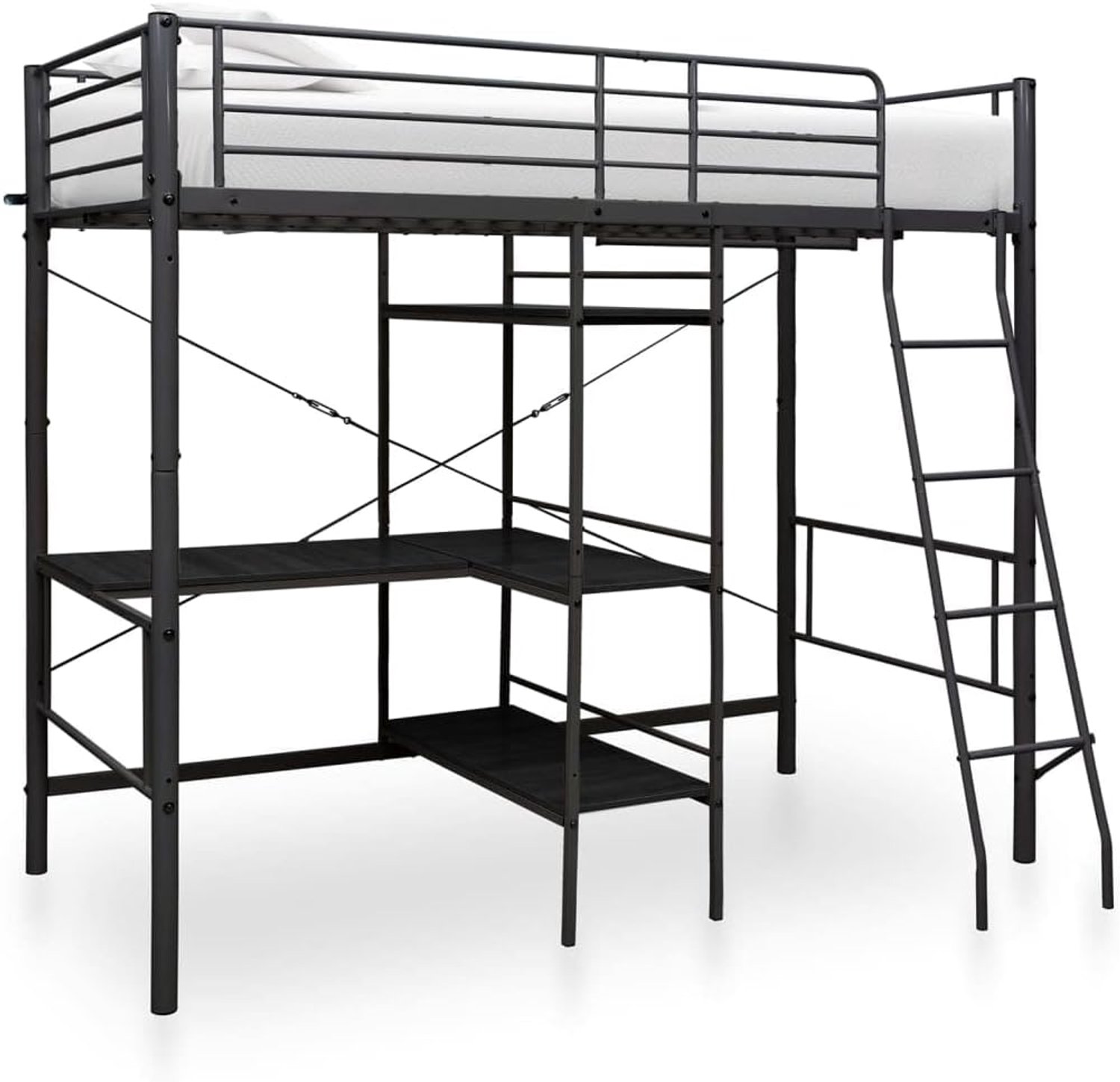 Bedframe voor slaapkamer, hotel, slaapkamer, hotel, kantoor, bedframe met tafelframe, zwart, metaal, 90 x 200 cm