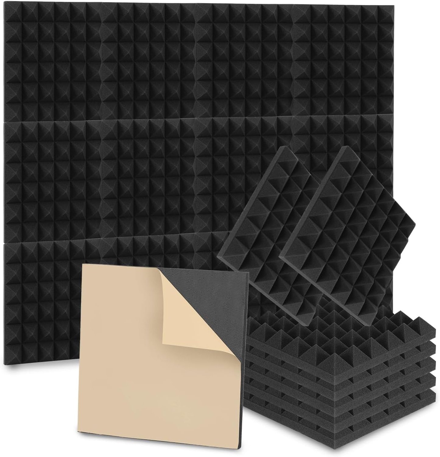 Schuim, 72 stuks, zelfklevend, 5 x 30 x 30 cm, geluidsisolatie, absorptie van echo's, geluidsisolatie voor huis en studio, gaming-decoratie, podcasts, zwarte piramide