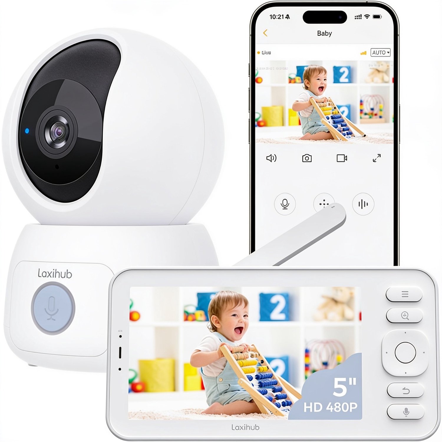 Laxihub AINANNY C3 Kit Wifi Baby Monitor - Babyfoon met Camera - Babyfoon met 5 Inch Scherm - Full HD-Resolutie - Arenti App Slaapliedjes & Temperatuur - Alexa & Google
