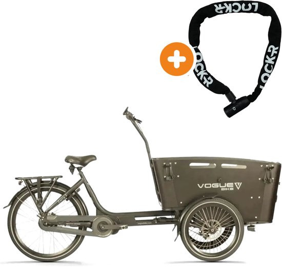 Donkerbruine Vogue Carry 3 elektrische bakfiets met een zwarte LockR kettingslot bundel.