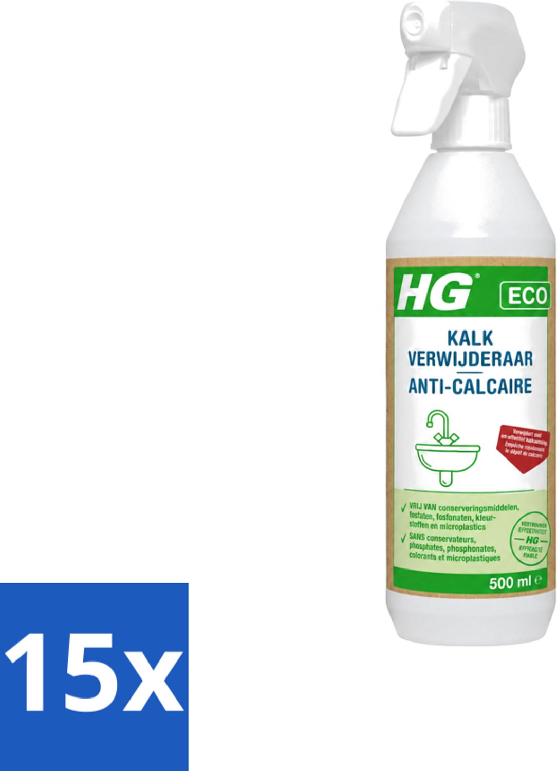 15 x HG ECO - Kalkverwijderaar - Snel & Effectief - Glanzend Resultaat - 500 ml - Voordeelverpakking - 15 stuks