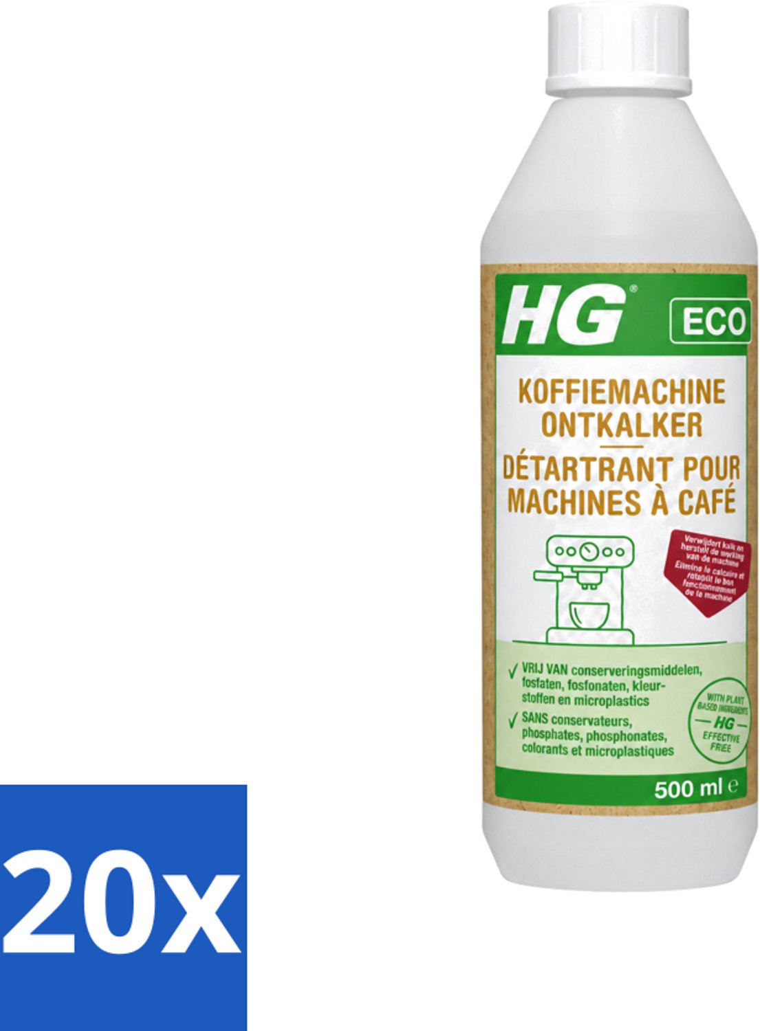 20 x HG ECO - Koffiemachine Ontkalker - Op Basis Van Citroenzuur - 6 Reinigingsbeurten - 500 ml - Voordeelverpakking - 20 stuks