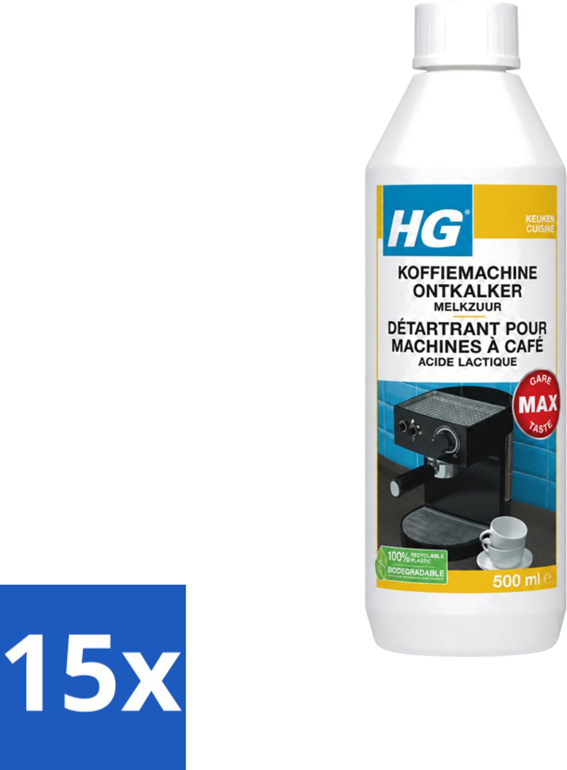 15 x HG - Koffiemachine Ontkalker - Op Basis Van Melkzuur - 4 tot 5 Reinigingsbeurten - 500 ml - Voordeelverpakking - 15 stuks