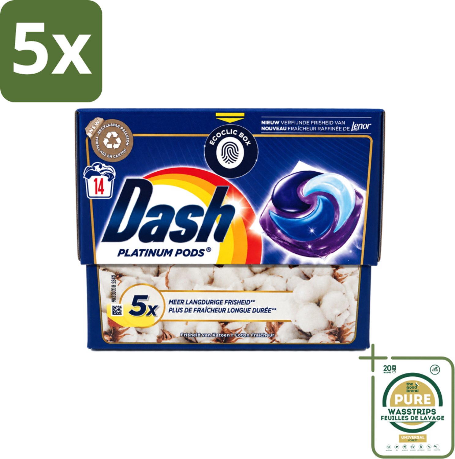 5 x Dash Platinum - Wasmiddel Capsules - Witte en Gekleurde Was - Frisheid van Katoen - 14 Wasbeurten - Wasstrips - Wasmiddel - Wascapsules - Wasbeurten - Vlekverwijdering - Katoenfrisheid