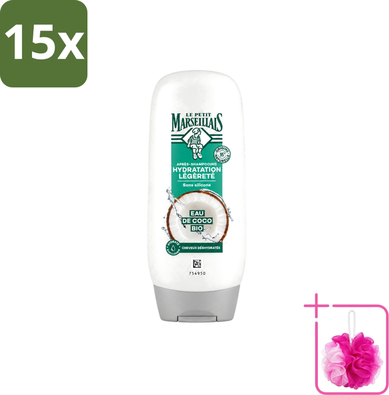 15 x Le Petit Marseillais – Conditioner – Eau de Coco Bio – 250 ml - Bulkverpakking - Conditioner kokoswater - Douchemop - Hydraatatie haar