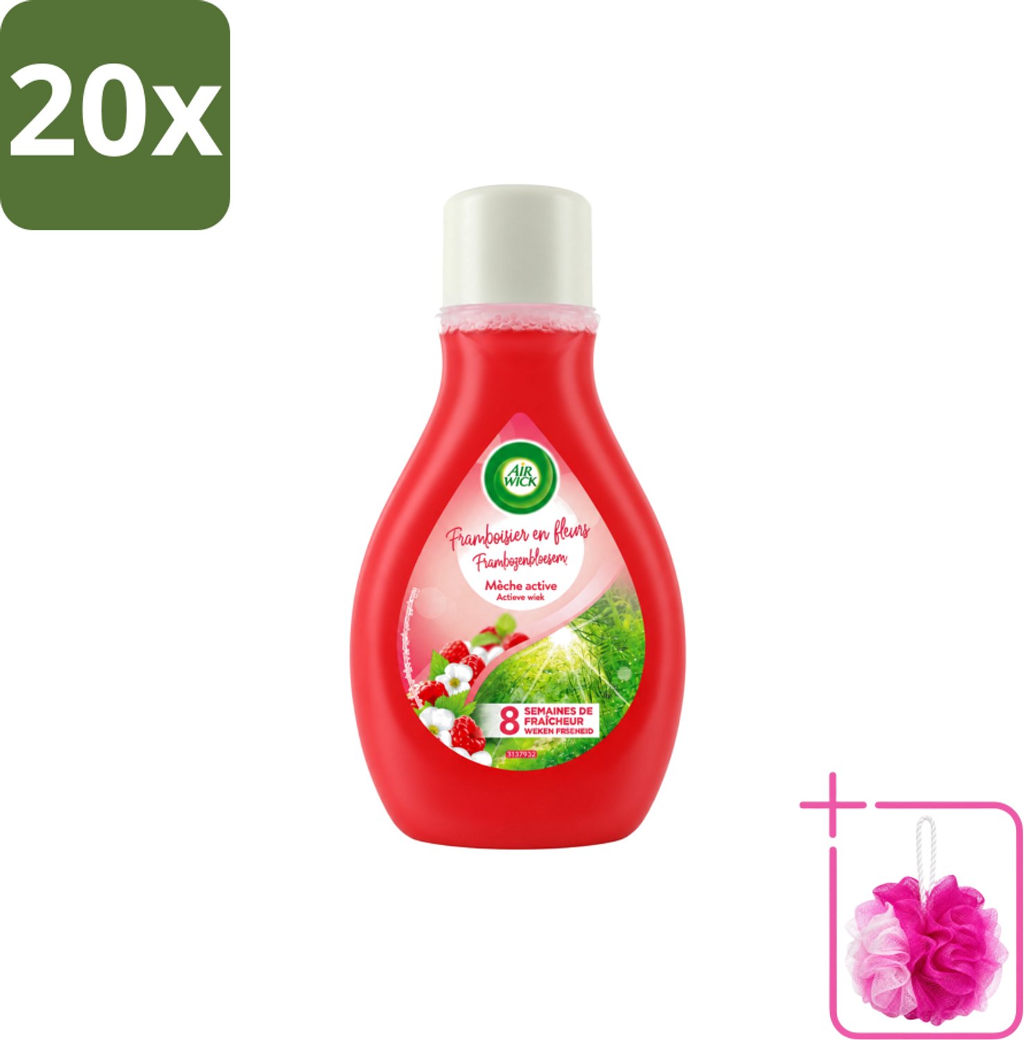 20 x Air Wick – Luchtverfrisser – Actieve Wiek Framboos & Bloesem – 375 ml - Bulkverpakking - Luchtverfrisser - Douchemop - Geur