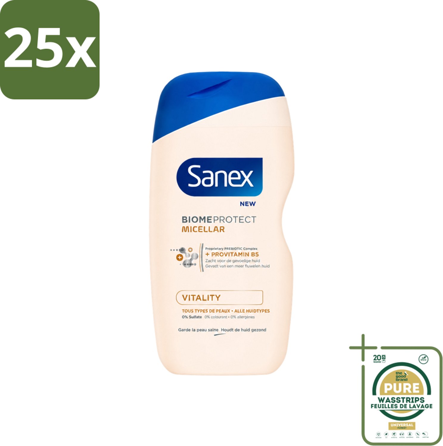 25 x Sanex - BiomeProtect Micellair - Douchegel - Vitaliteit - 0% Sulfaat - Alle Huidtypes - 400 ml - Wasstrips - Huid Reinigen - Micellaire Douchegel - 0% Sulfaten - Huidbarrière - Huid Vitaliteit