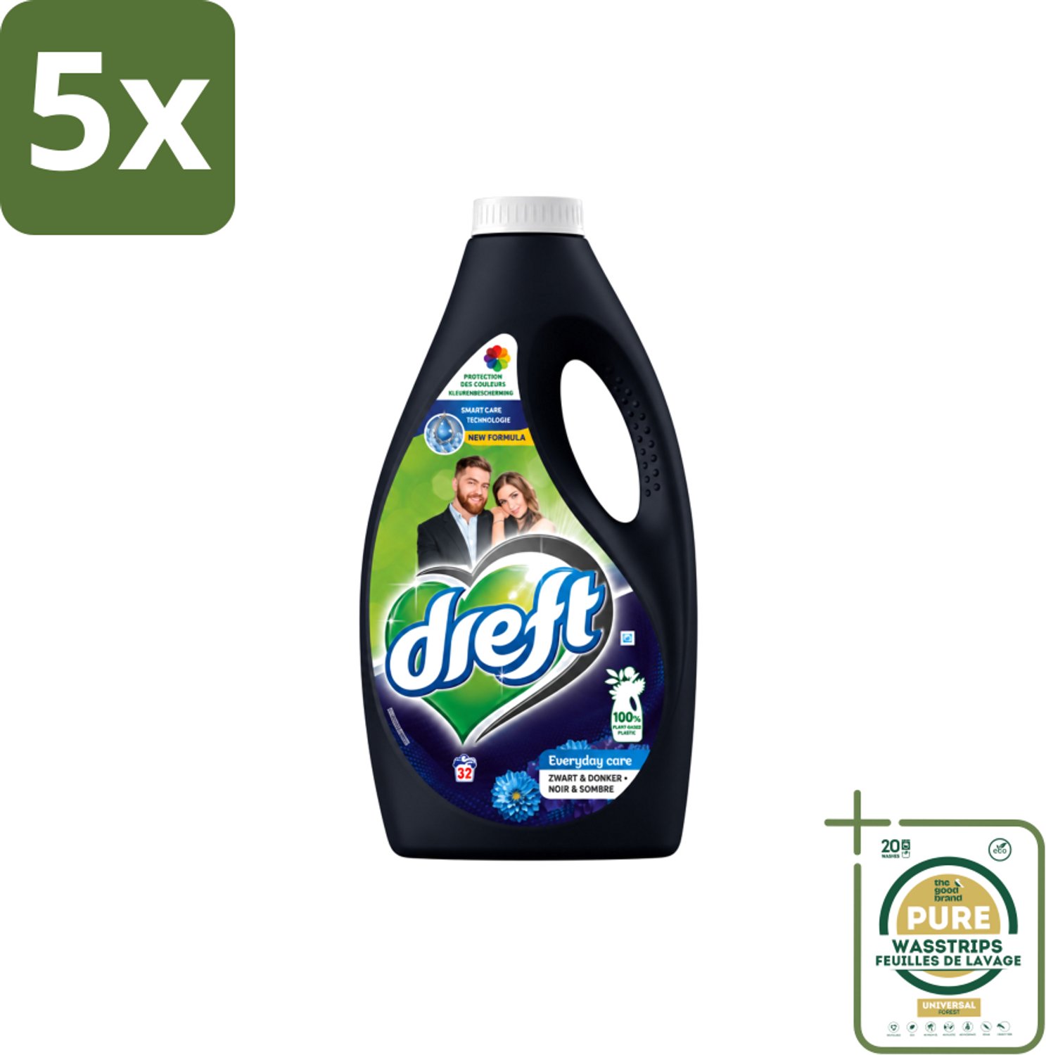 5 x Dreft – Vloeibaar Wasmiddel – Zwart & Donker – 32 Wasbeurten - Wasstrips - Donker Wasmiddel - Kleurbehoud - Zwart Wasmiddel - Donker Kleding Was - Handwas