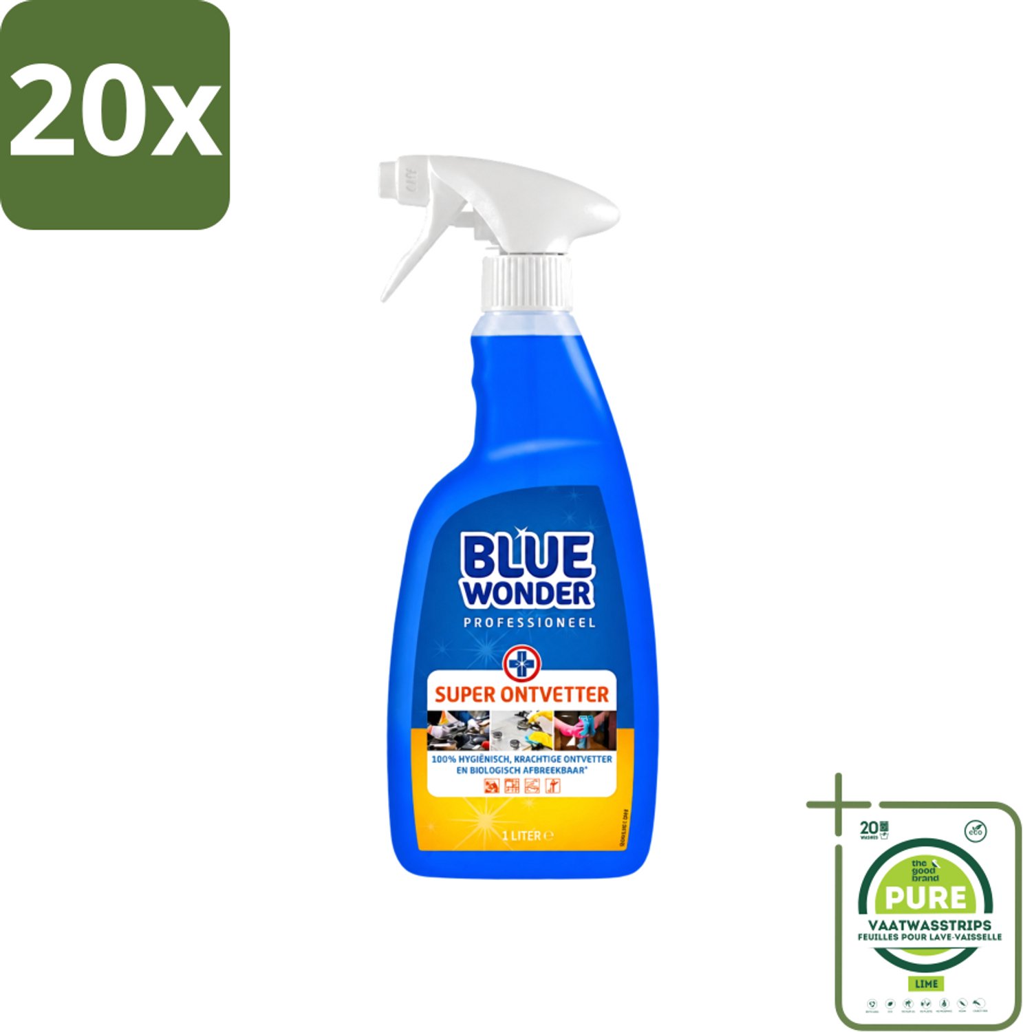 20 x Blue Wonder - Professioneel Superontvetter - Spray - Krachtige Ontvetter - 1 Liter - Grootverpakking - Vaatwasstrips - Ontvettingsmiddel - Superontvetter - Keuken Reinigen - Badkamer Reinigen - Vet Verwijderen