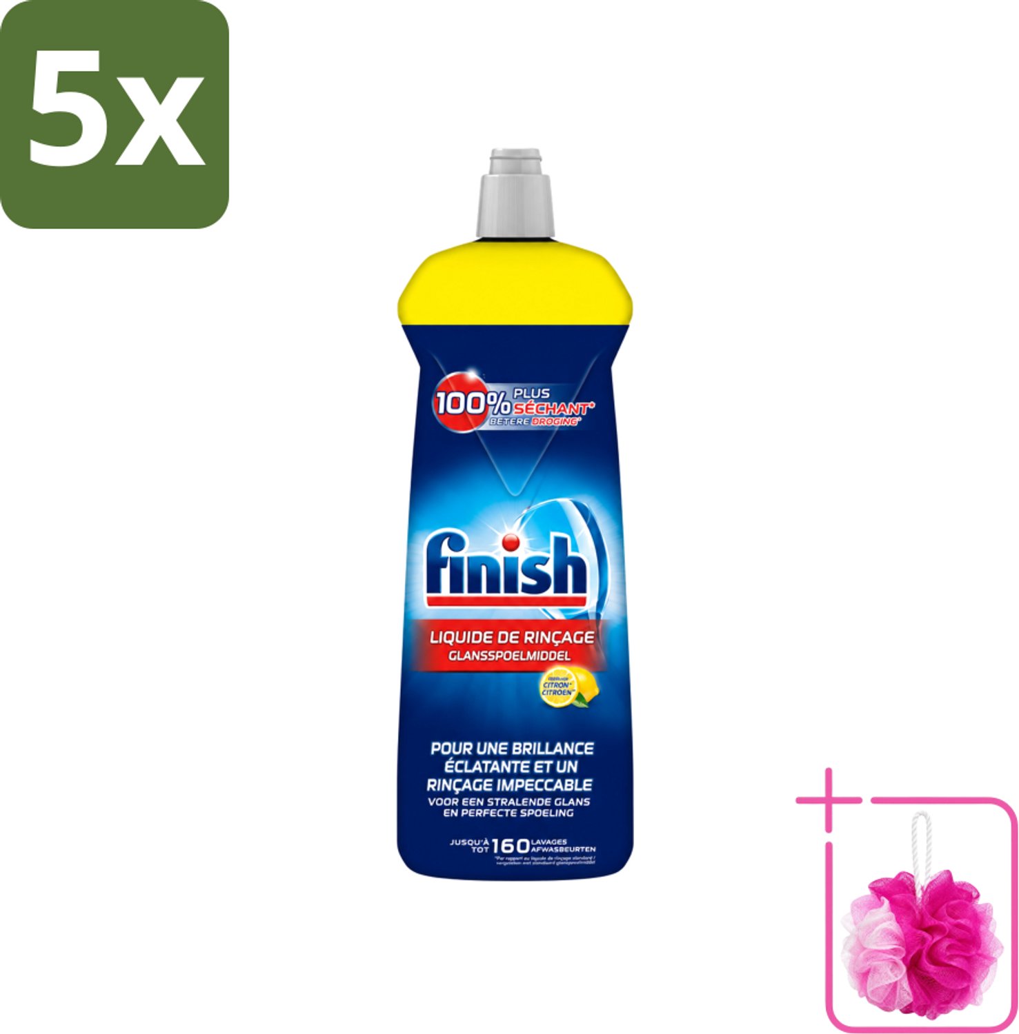 5 x Finish - Glansspoelmiddel - Citroen - Stralende glans - Tot 160 Afwasbeurten - 800 ml - Bulkverpakking - Glansspoelmiddel - Douchemop - Glans