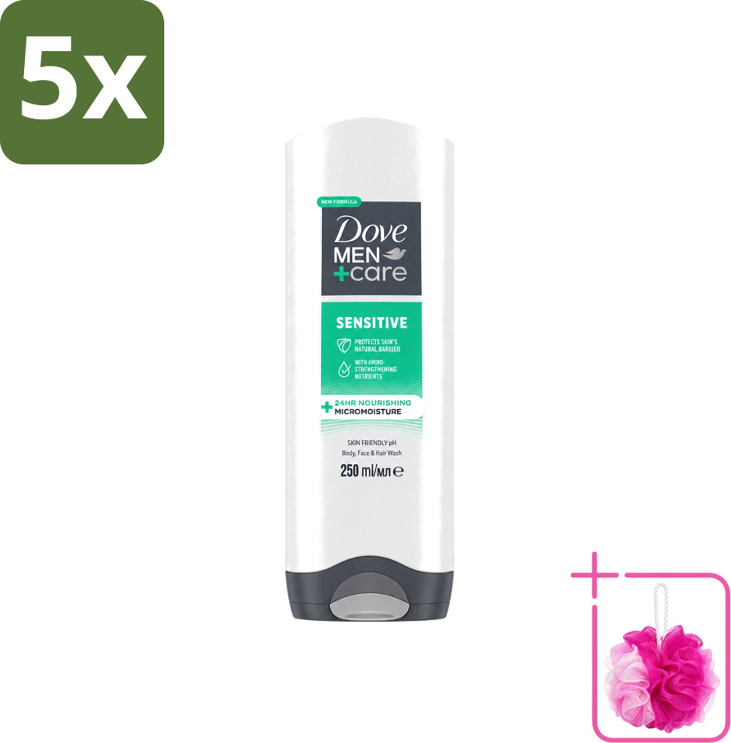 5 x Dove Men+Care - Sensitive - Douchegel 3-in-1 - Verzorgend - 250 ml - Bulkverpakking - Gevoelige huid - Douchemop - Lichaamsgel