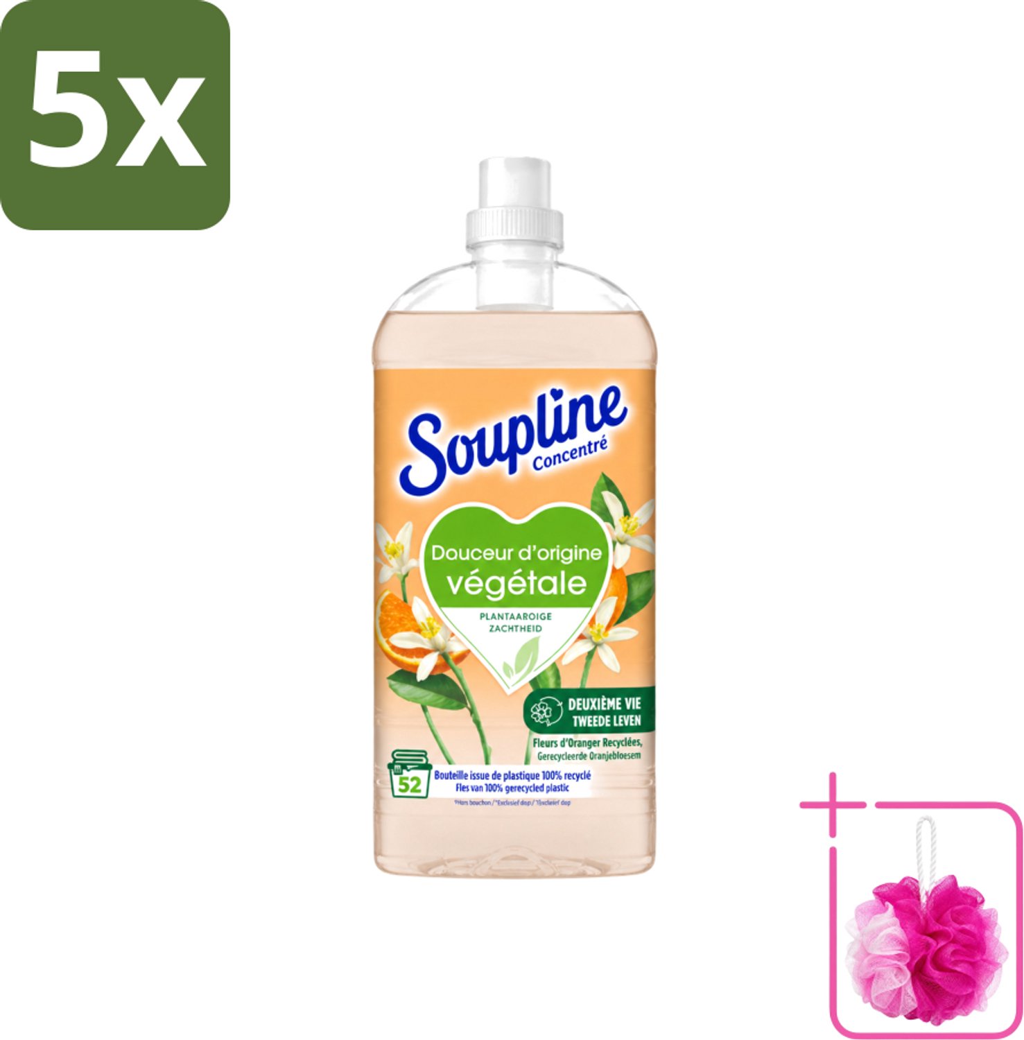 5 x Soupline - Wasverzachter - Oranjebloesem - 52 Wasbeurten - 1.3L - Bulkverpakking - Wasverzachter - Douchemop - Plantaardige zachtheid