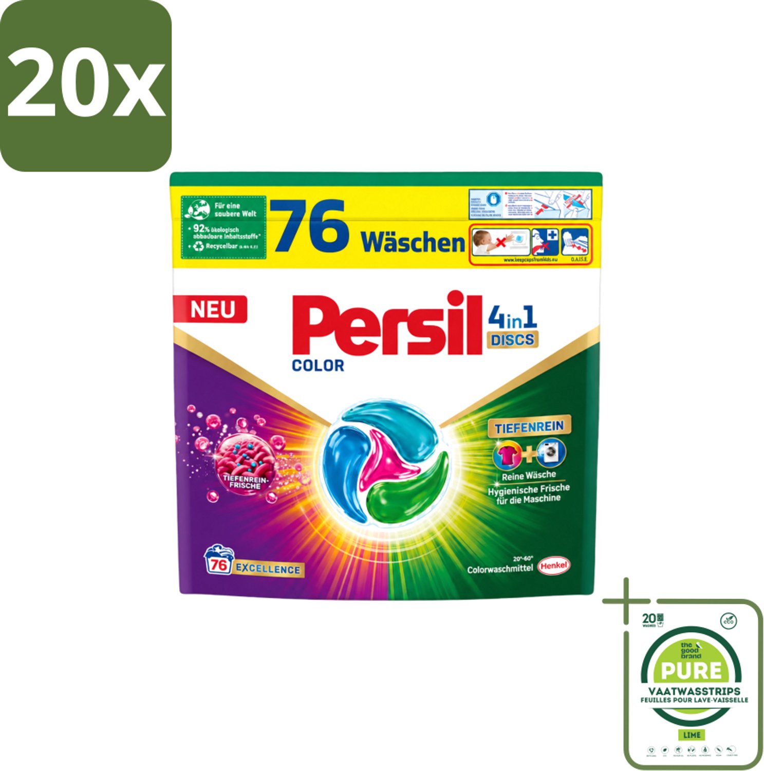20 x Persil – Wasmiddel Discs 4-in-1 – Color - 76 Capsules - Grootverpakking - Vaatwasstrips - Wasmiddel - Kleuren Beschermen - Vlekken Verwijderen - Wasdiscs - Gekleurde Was