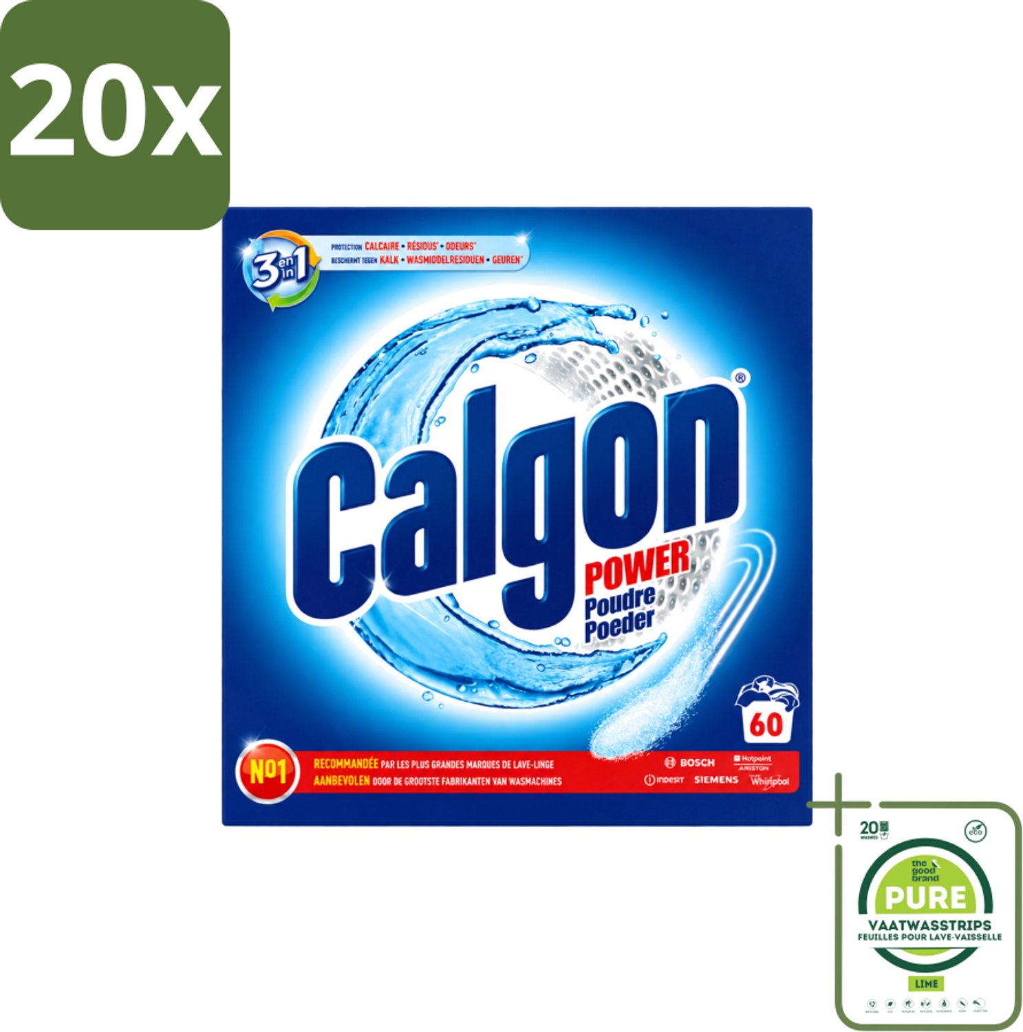 20 x Calgon – Wasmachinereiniger Poeder – 3-in-1 Power Anti-Kalk – 60 doseringen - Grootverpakking - Vaatwasstrips - Wasmachine Reiniger - Anti-kalk Poeder - Kalkpreventie - Machine Geur Verwijderen - 3-in-1 Wasmachine Bescherming