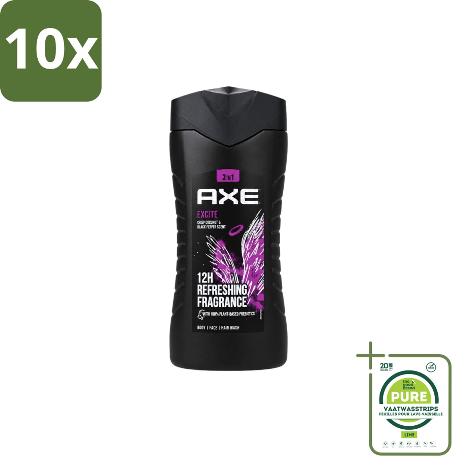 10 x AXE – Douchegel – Excite – 250 ml - Grootverpakking - Vaatwasstrips - Douchegel - Frisheid - Geur - Mannelijke Geur - Axe Excite