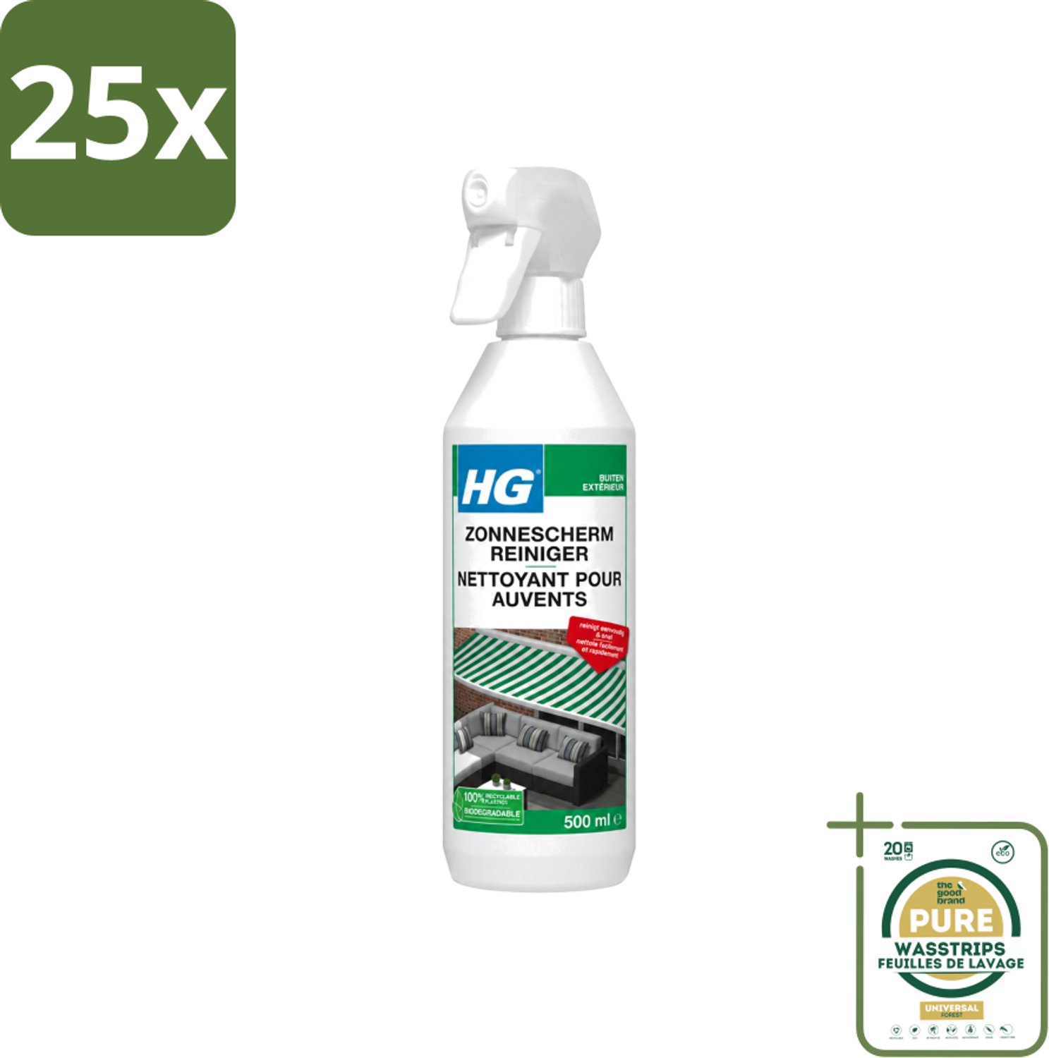25 x HG - Buiten - Zonneschermreiniger - Reinigt Eenvoudig & Snel - 500 ml - Wasstrips - Zonnescherm Reinigen - Buitenstoffen Reinigen - Zonnescherm Reiniger - Zonnescherm Reinigen Snel - Zonnescherm Reinigen Eenvoudig