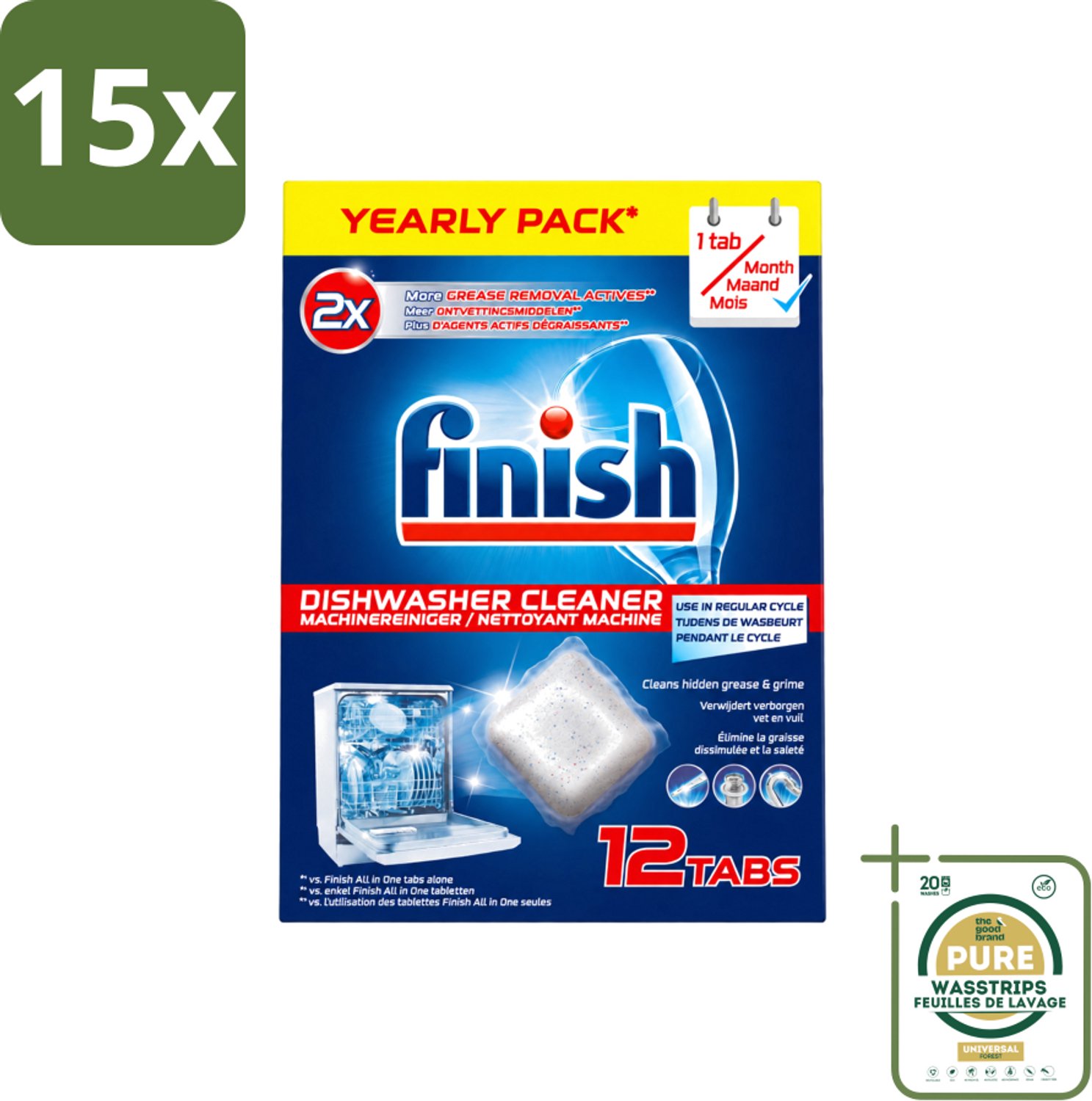 15 x Finish - Vaatwasmachinereiniger - Anti-Vet & Anti-Vuil - 12 Tabletten - Wasstrips - Vaatwasmachinereiniger - Vet En Vuil Verwijderen - Vaatwasmachine Reinigen - Vaatwasmachine Onderhoud - Vaatwasmachine Schoon Houden