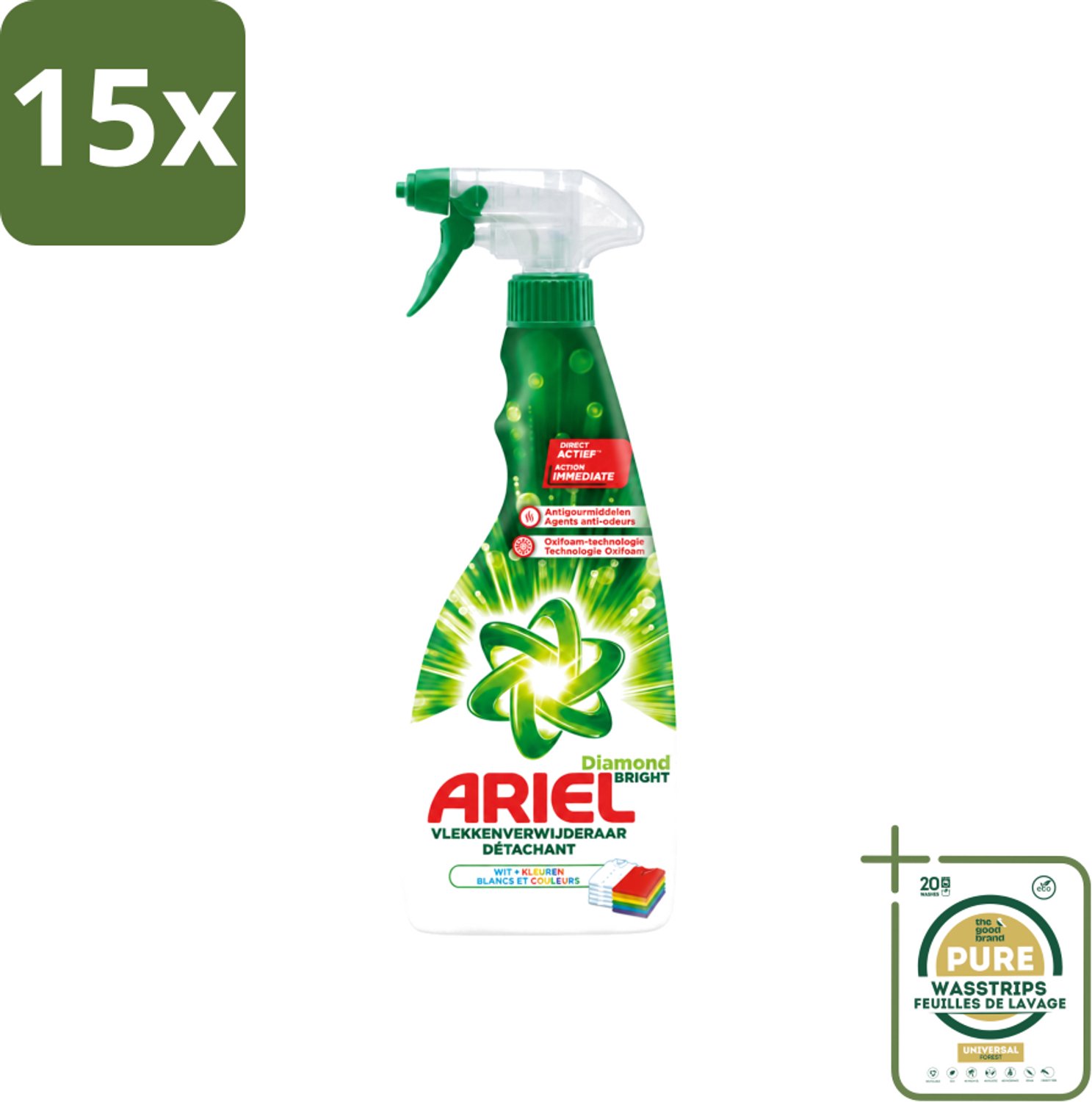 15 x Ariel Diamond Bright - Vloeibare Vlekverwijderaar - Witte en Gekleurde Was - 30 Wasbeurten - Wasstrips - Vlekverwijderaar - Wasbeurt - Witte Was - Gekleurde Was - Koud Water