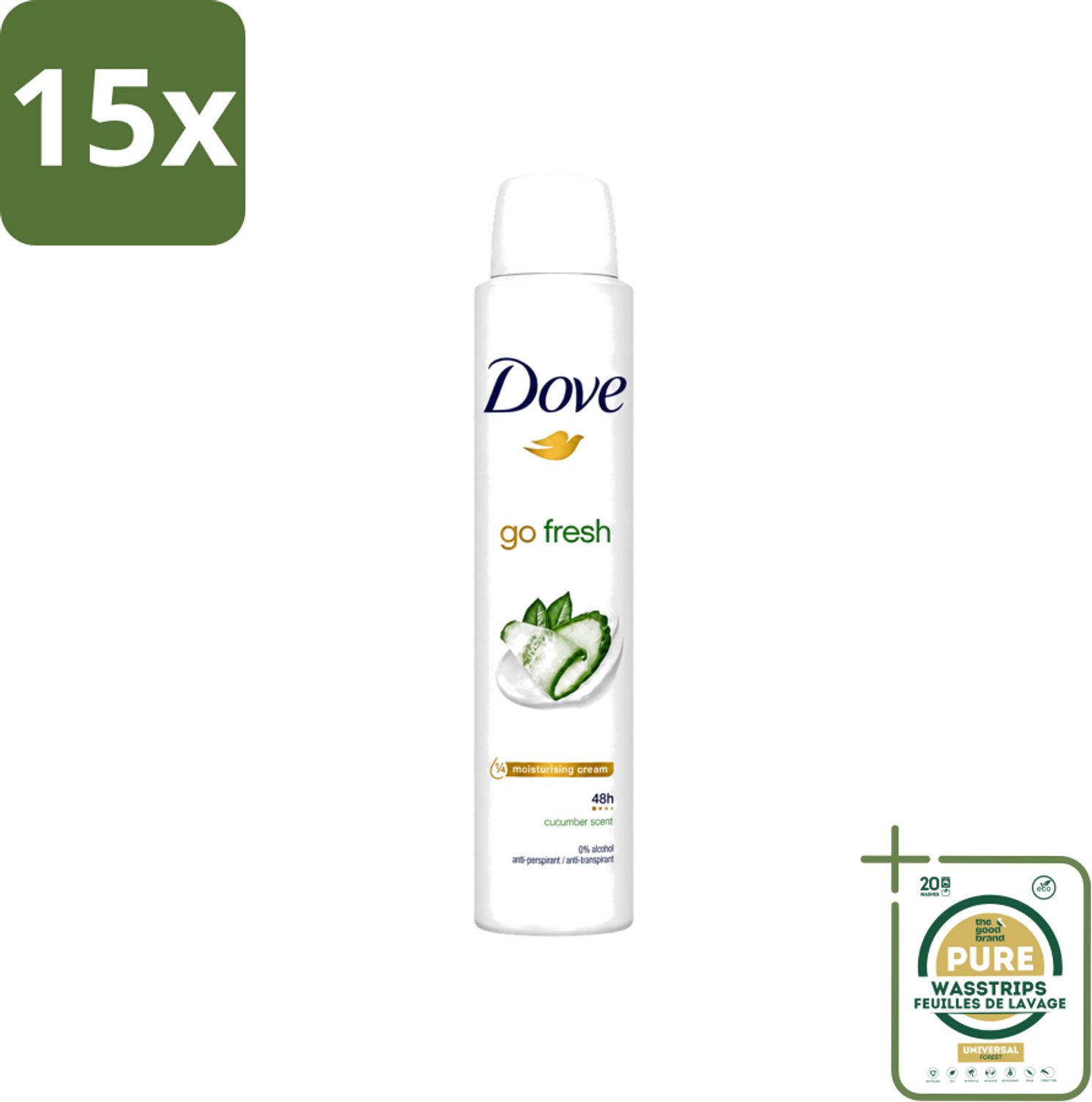 15 x Dove Go Fresh - Deospray - Groene Thee & Komkommer - 200 ml - Wasstrips - Dove Go Fresh Deospray Groene Thee & Komkommer - Frisheid - Transpiratie Bescherming - Geur - Oksel Crème