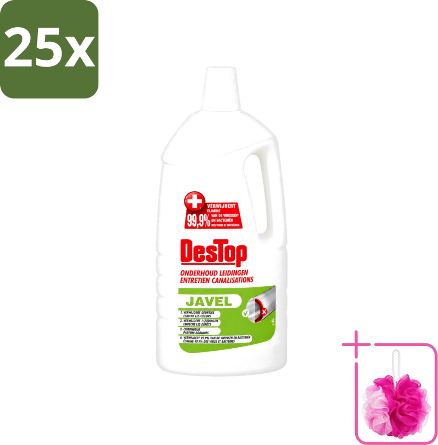 25 x DesTop - Onderhoud Leidingen - Javel - 4-in-1 Werking - Citroengeur - 1,5L - Bulkverpakking - Leidingen reinigen - Douchemop - Leidingen onderhouden