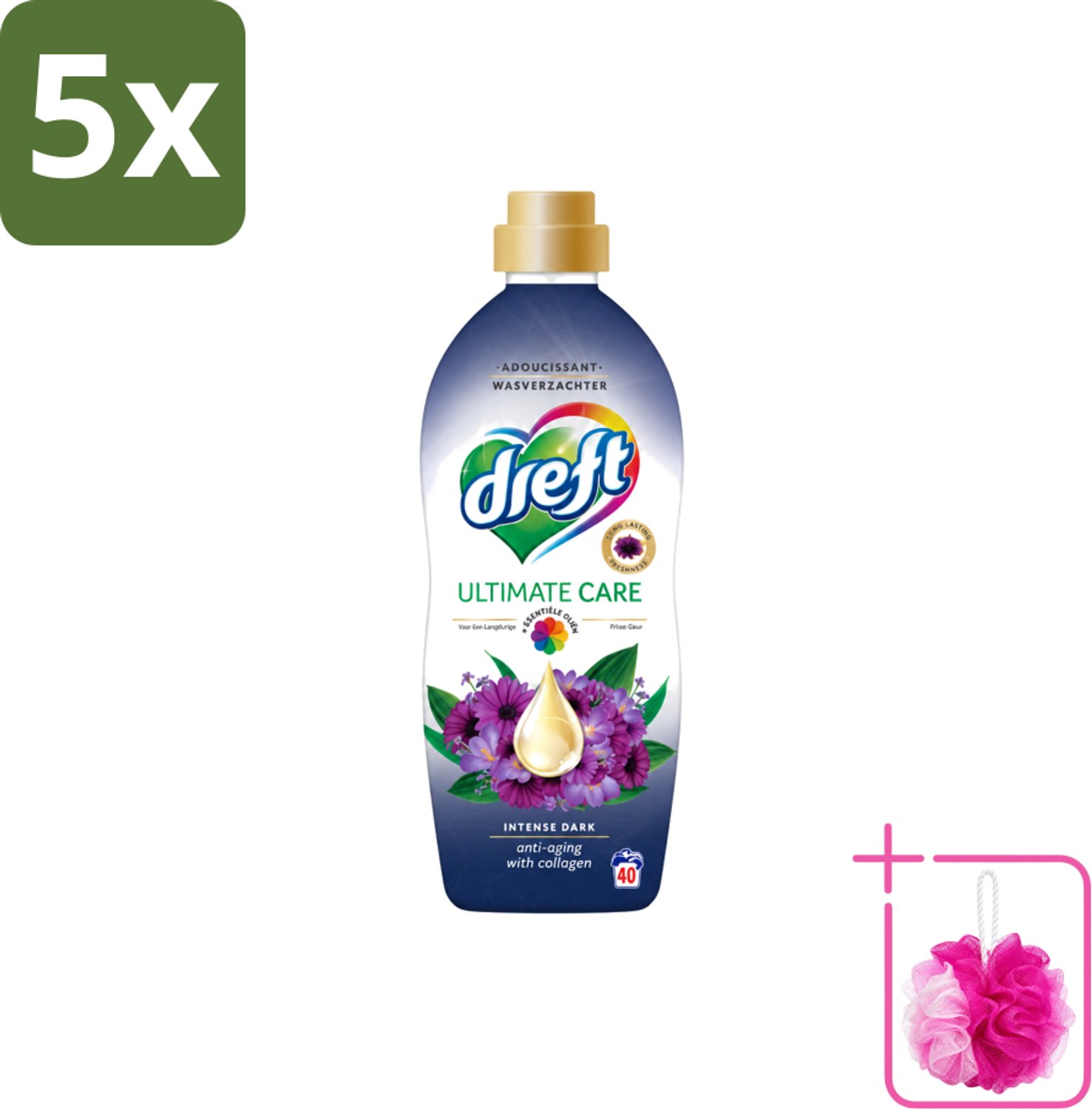 5 x Dreft – Wasverzachter – Ultimate Care Intense Dark – 40 Wasbeurten - Bulkverpakking - Wasverzachter - Douchemop - Kleurbescherming