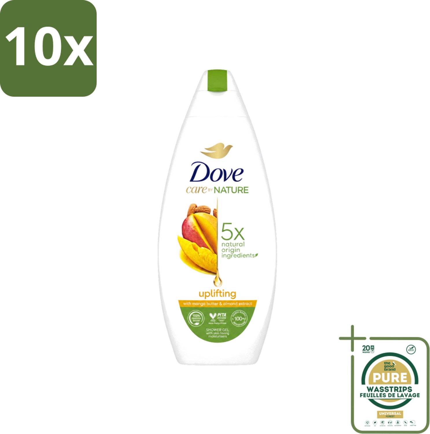 10 x Dove Care By Nature - Uplifting - Douchegel - Mangoboter & Almond Extract - 225 ml - Wasstrips - Douchegel - Huidverzorging - Opwekkende Douchegel - Hydraterende Douchegel - Mangoboter