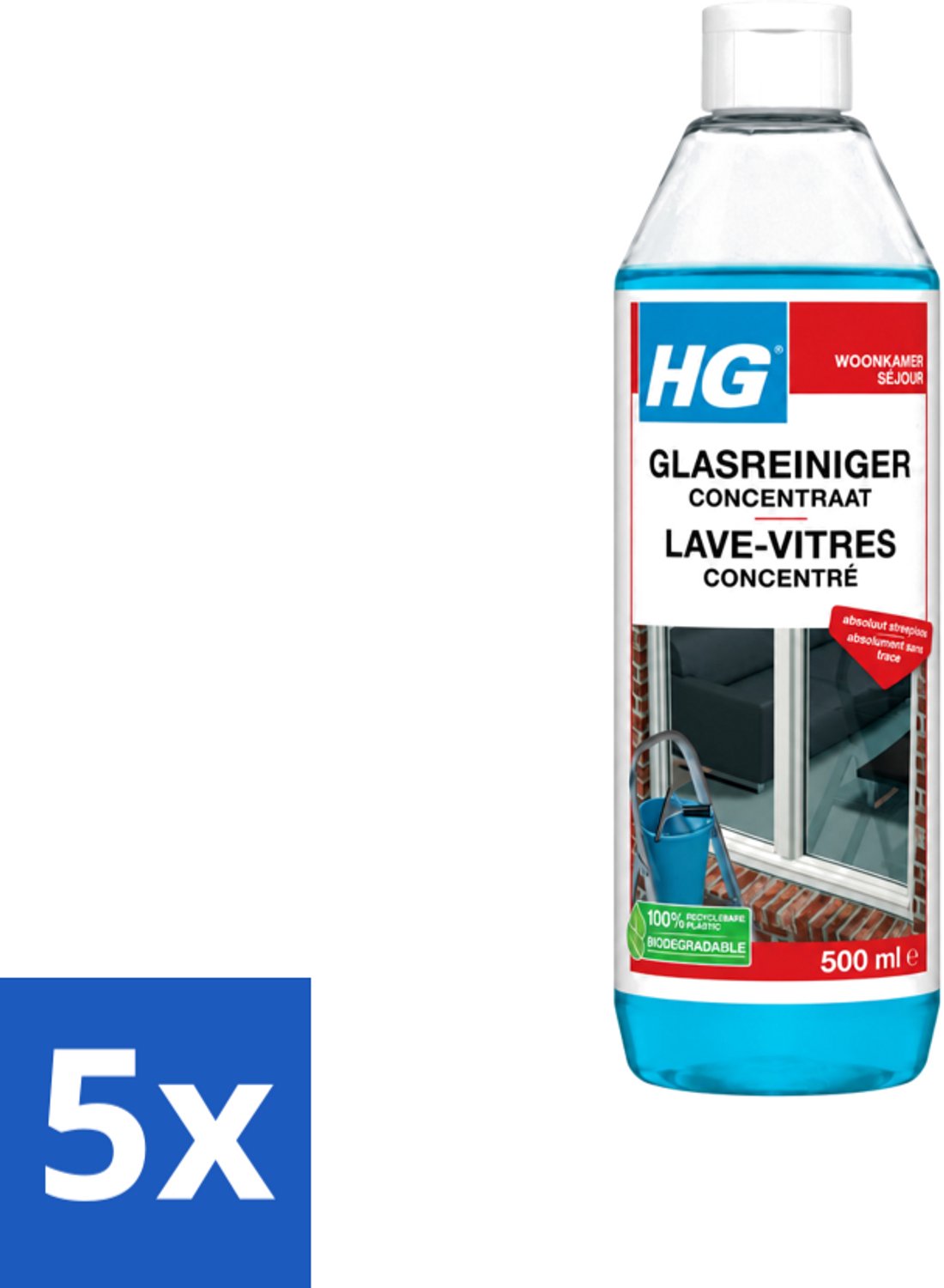 5 x HG - Glasreiniger Concentraat - Streeploos Schoon - 12 Schoonmaakbeurten - 500 ml - Voordeelverpakking - 5 stuks