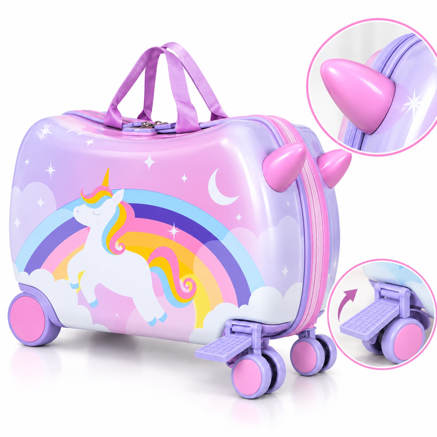 Suotu Kinderkoffer Eenhoorn - Ride-On Koffer voor Kinderen - 3 tot 5 Jaar - Rijdende Kinderkoffer met Voetensteunen & Trekriem - Reiskoffer op Wielen - Roze/Paars