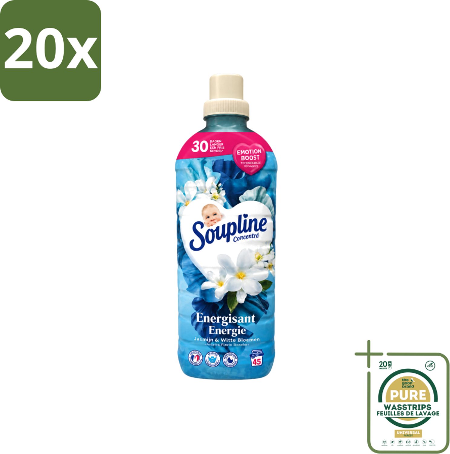 20 x Soupline – Wasverzachter – Energie Jasmijn & Witte Bloemen – 950 ml - Wasstrips - Wasverzachter - Jasmijn - Witte Bloemen - Fris - Energie