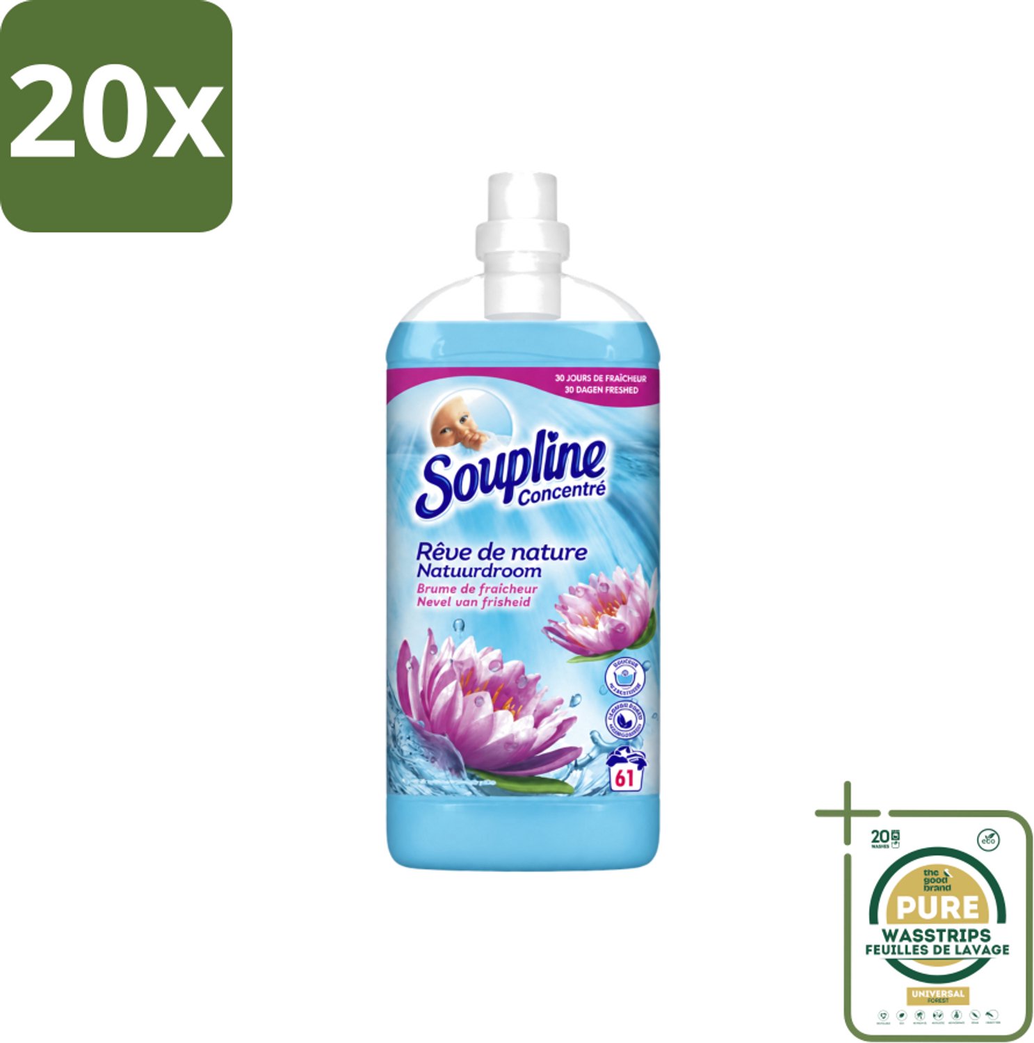 20 x Soupline – Wasverzachter – Nevel van Frisheid – 1,35 L - Wasstrips - Wasverzachter - Nevel Van Frisheid - Wasverzachter Nevel Van Frisheid - Wasverzachter Voor Kleding - Wasverzachter Voor Beddengoed