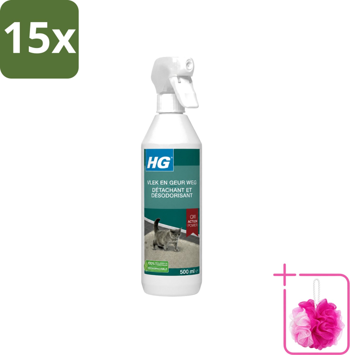 15 x HG - Vlek & Geur Weg - Tegen Kattengeuren- Oxi Action Power - 100% Biologisch - 500 ml - Bulkverpakking - Vlek verwijderen - Douchemop - Geur weg