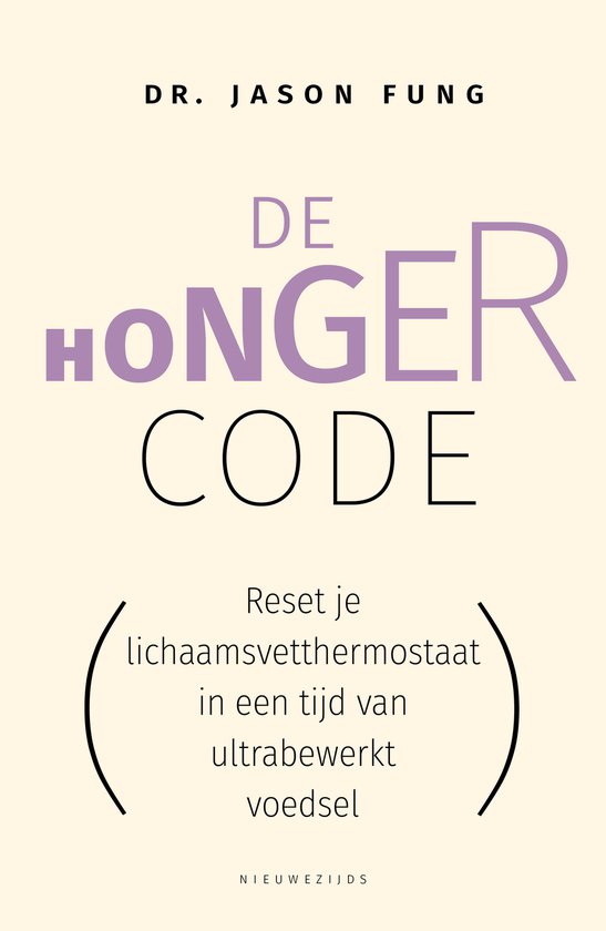 Boekomslag van De Honger Code door Dr. Jason Fung met crèmekleurige achtergrond en paarse en zwarte tekst.