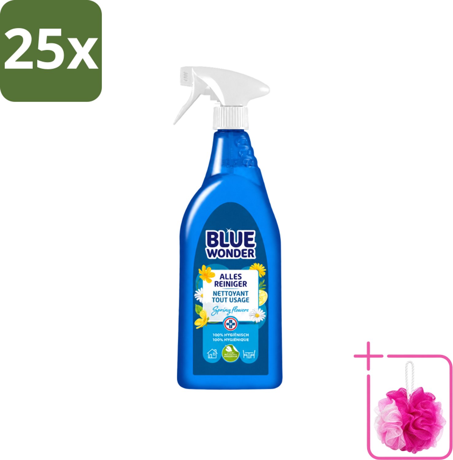 25 x Blue Wonder - Allesreiniger - Lente Bloemen - Hygiënisch - Biologisch Afbreekbaar - 750 ml - Bulkverpakking - Allesreiniger - Douchemop - Reinigings spray