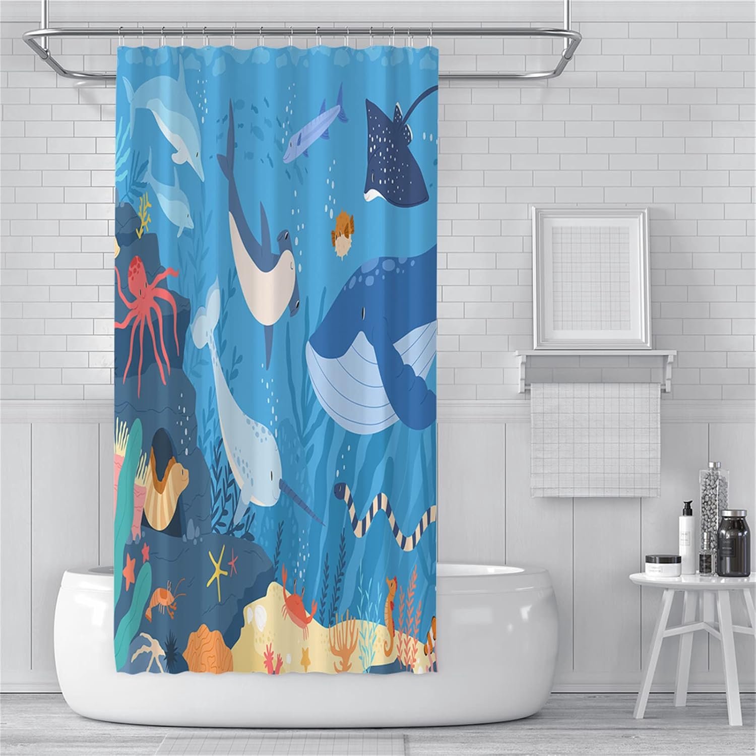 Douchegordijnen, schimmelbestendig, waterdicht, wasbare douchegordijnen, gewogen badgordijnen met haken, 3D tuin douchegordijn cartoon grote blauwe walvis