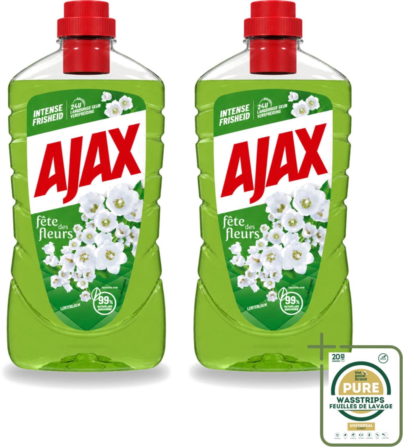 2 x Ajax - Allesreiniger - Fête des Fleurs - Lentebloem - Met Essentiële Oliën - 1 L - Wasstrips - Allesreiniger - Reinigingskracht - Frisheid - Natuurlijke Geur - Essentiële Oliën