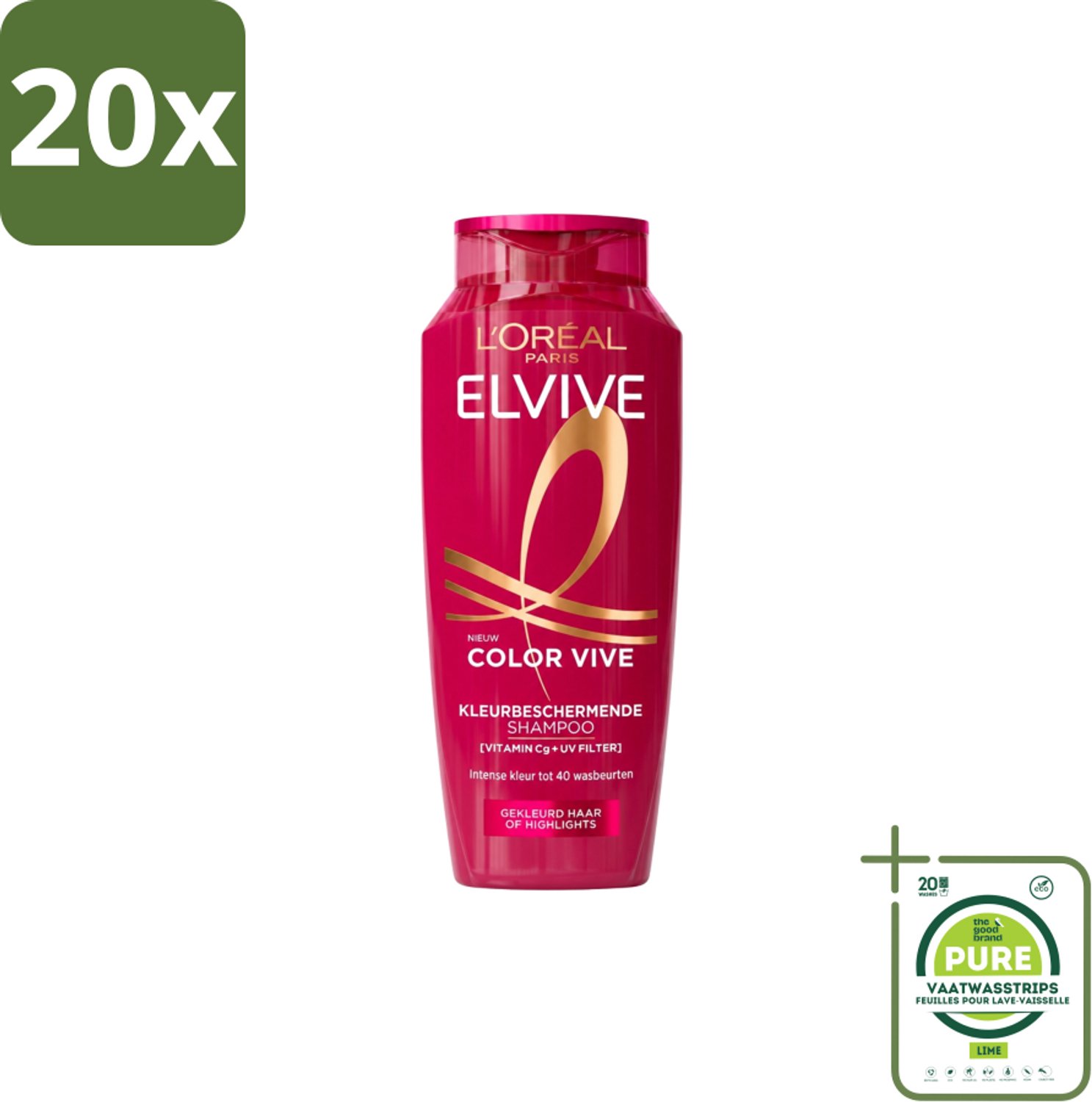 20 x L’Oréal Paris Elvive – Shampoo – Color Vive – Gekleurd Haar – 250 ml - Grootverpakking - Vaatwasstrips - Kleurbehoud Haar - Glans Haar - Gekleurd Haar - Highlights - Wasbeurten