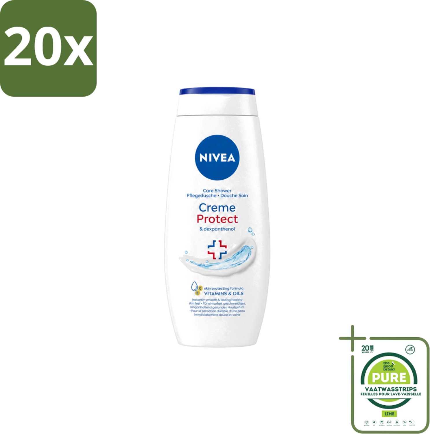 20 x Nivea – Douchecrème – Protect – 250 ml - Grootverpakking - Vaatwasstrips - Douchecrème - Huidverzorging - Huidbescherming - Vitamine C - Vitamine E