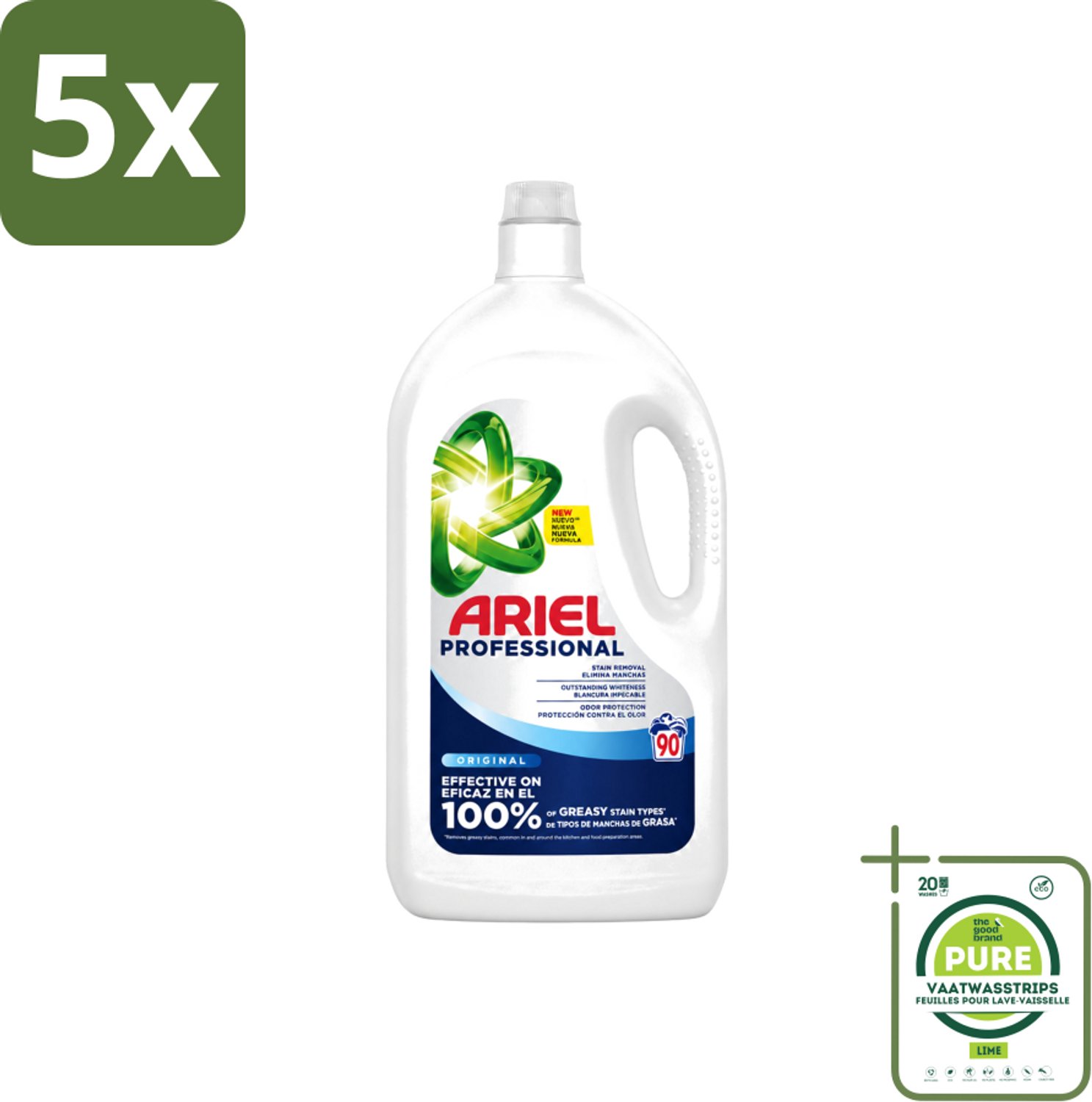 5 x Ariel – Vloeibaar Wasmiddel – Professional Regular - 90 wasbeurten - 4,05 L - Grootverpakking - Vaatwasstrips - Wasmiddel - Witte Was - Vlekken Verwijderen - Reiniging - Schone Was