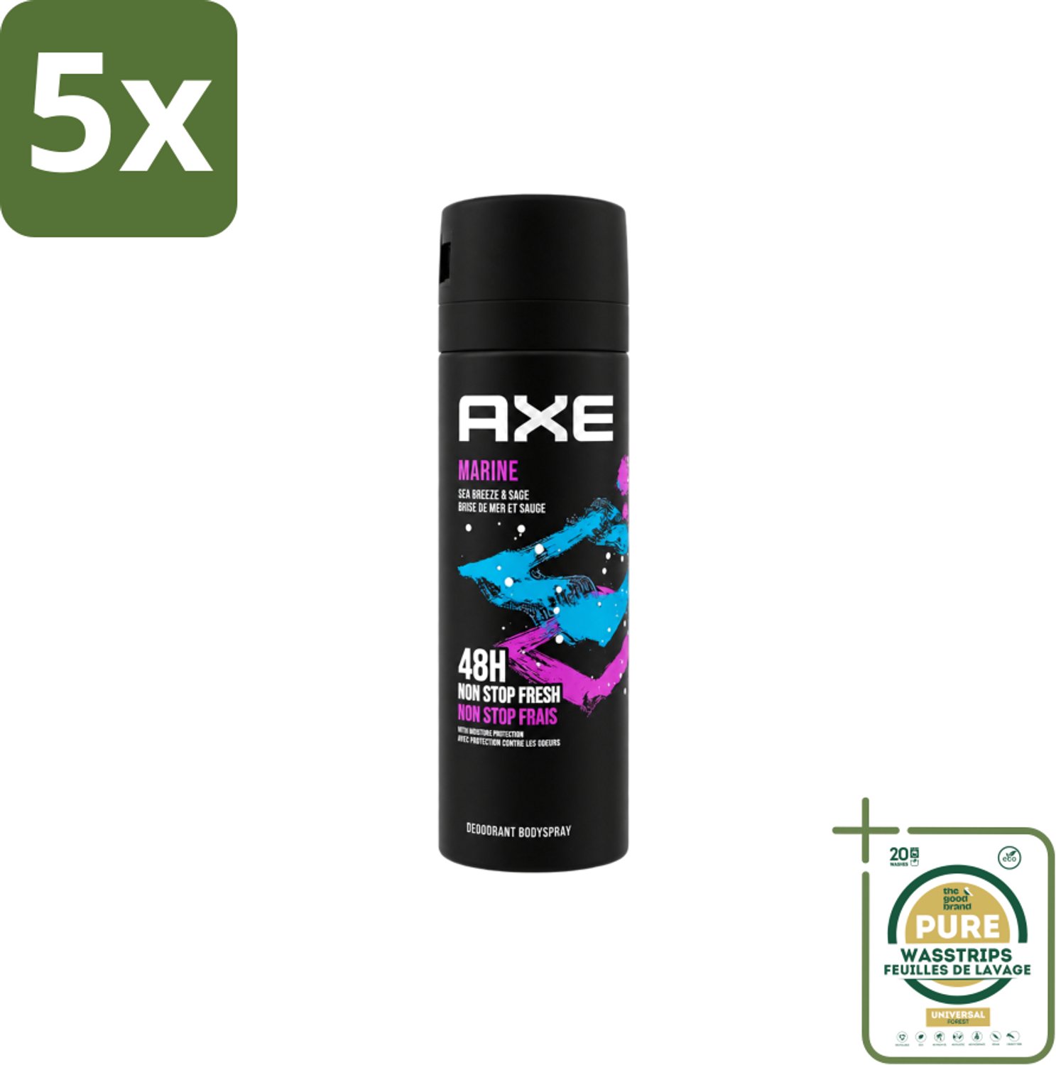 5 x Axe - Deodorant Bodyspray - 100% Fresh Fragrance - Marine - Sea Breeze & Sage - 150 ml - Wasstrips - Deodorant Bodyspray - Marine Geur - Zeebries - Salie - Geurfrisheid