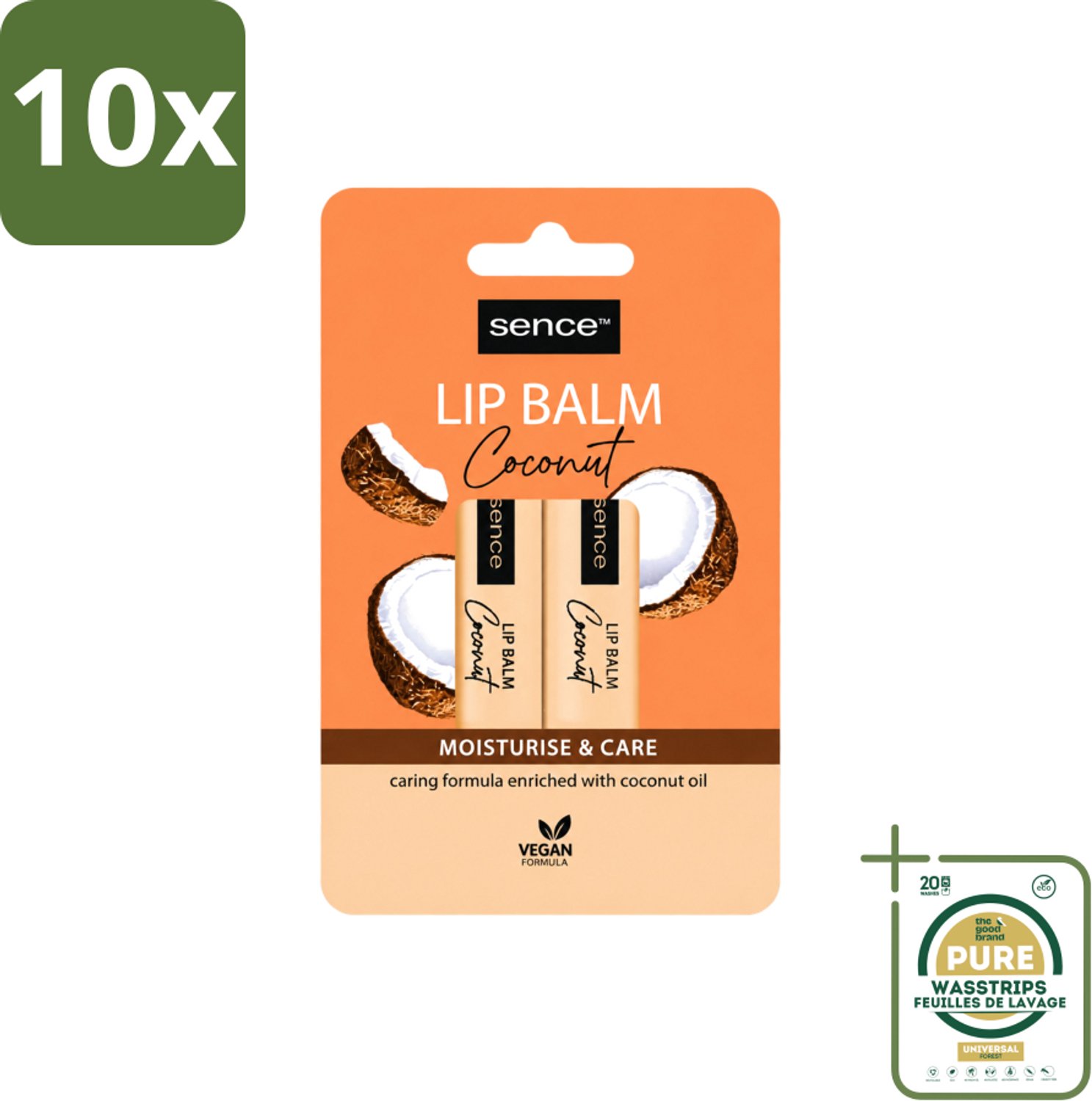 10 x Sence - Moisturise & Care - Lippenbalsem Duo - Verzorgend - 2 x 4,3 g - Wasstrips - Lippenbalsem - Kokos - Lippenverzorging - Hydraatatie - Droge Lippen