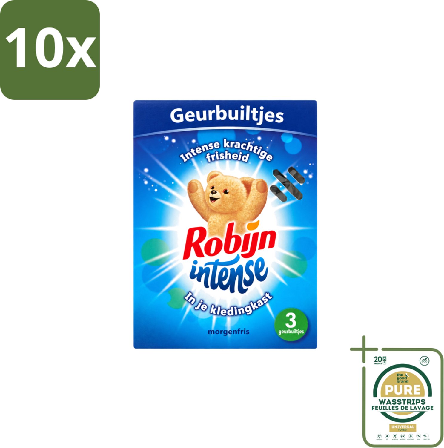 10 x Robijn - Intense - Geurbuiltjes - Langdurige Geur - Intense Frisheid - 3 Geurbuiltjes - Wasstrips - Geur In Kleding - Langdurige Geur - Frisse Geur - Geurbuiltjes - Kledingkast Geur