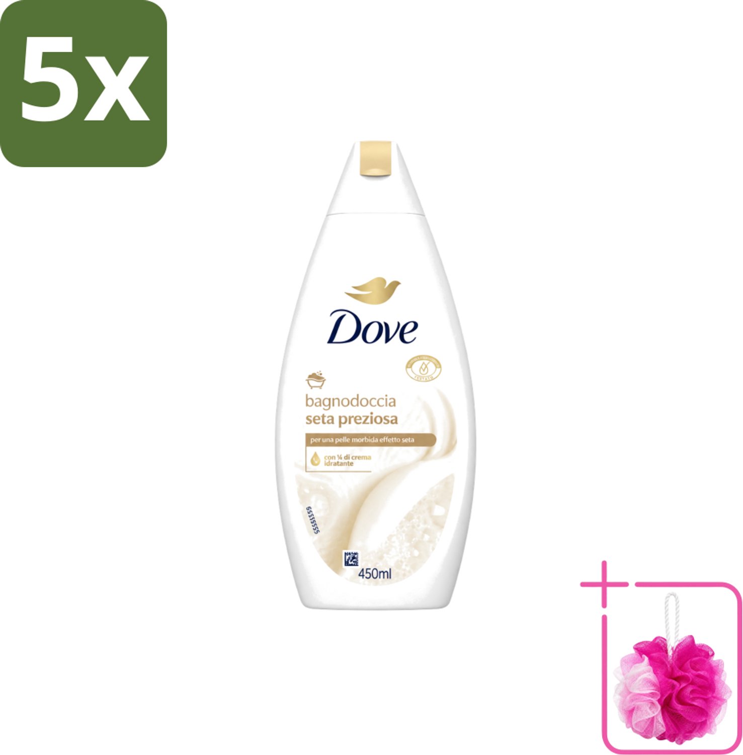 5 x Dove – Douchegel – Nourishing Silk – 450 ml - Bulkverpakking - Douchegel zijdezacht - Douchemop - Huid verzorging