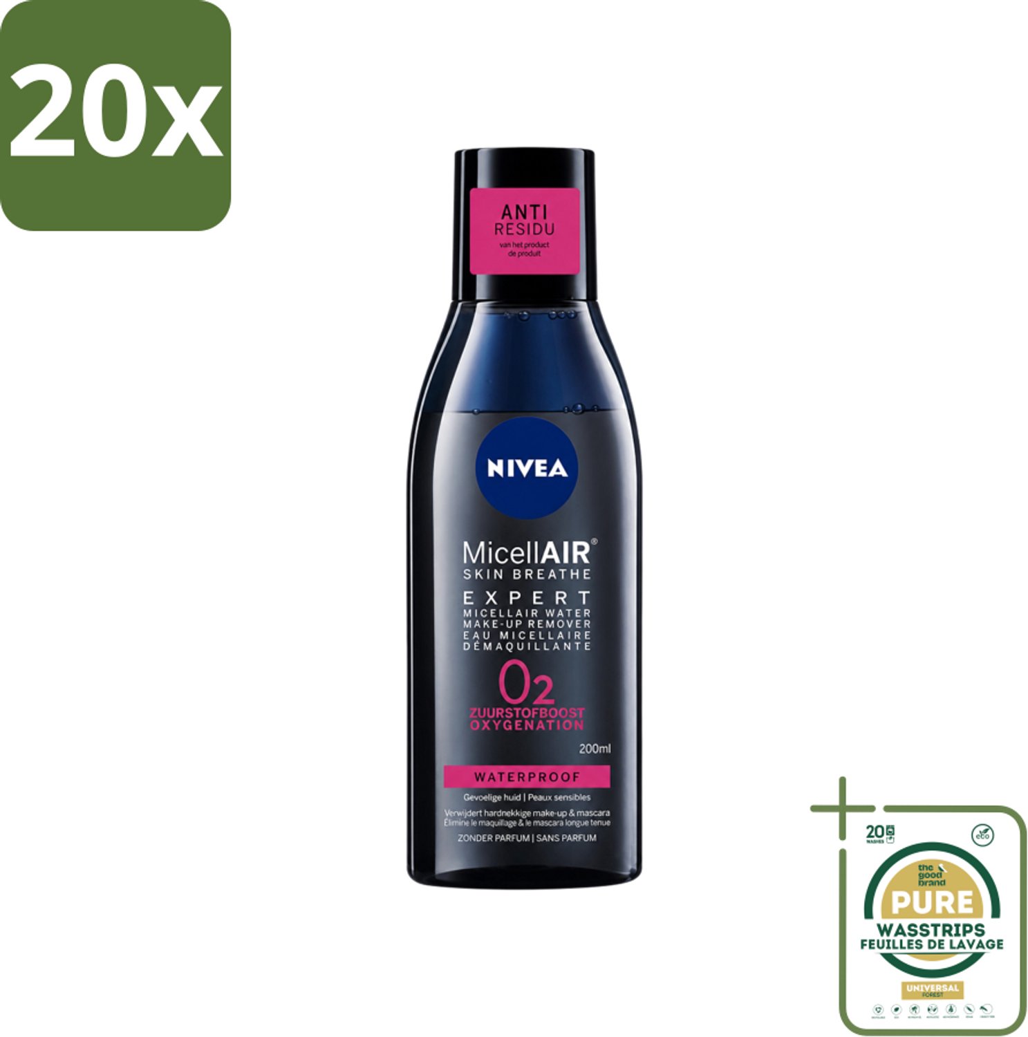20 x Nivea - Expert Make-up Remover - Micellair Water - Gezichtsreinigingsmiddel - 200 ml - Wasstrips - Make-up Remover - Gezichtsreinigingsmiddel - Micellen - Zuurstofboost - Huid Ademen