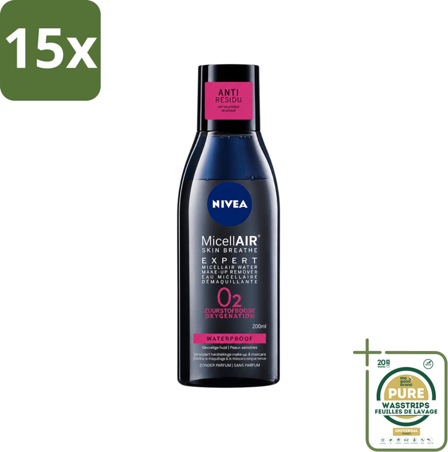15 x Nivea - Expert Make-up Remover - Micellair Water - Gezichtsreinigingsmiddel - 200 ml - Wasstrips - Make-up Remover - Gezichtsreinigingsmiddel - Micellen - Zuurstofboost - Huid Ademen