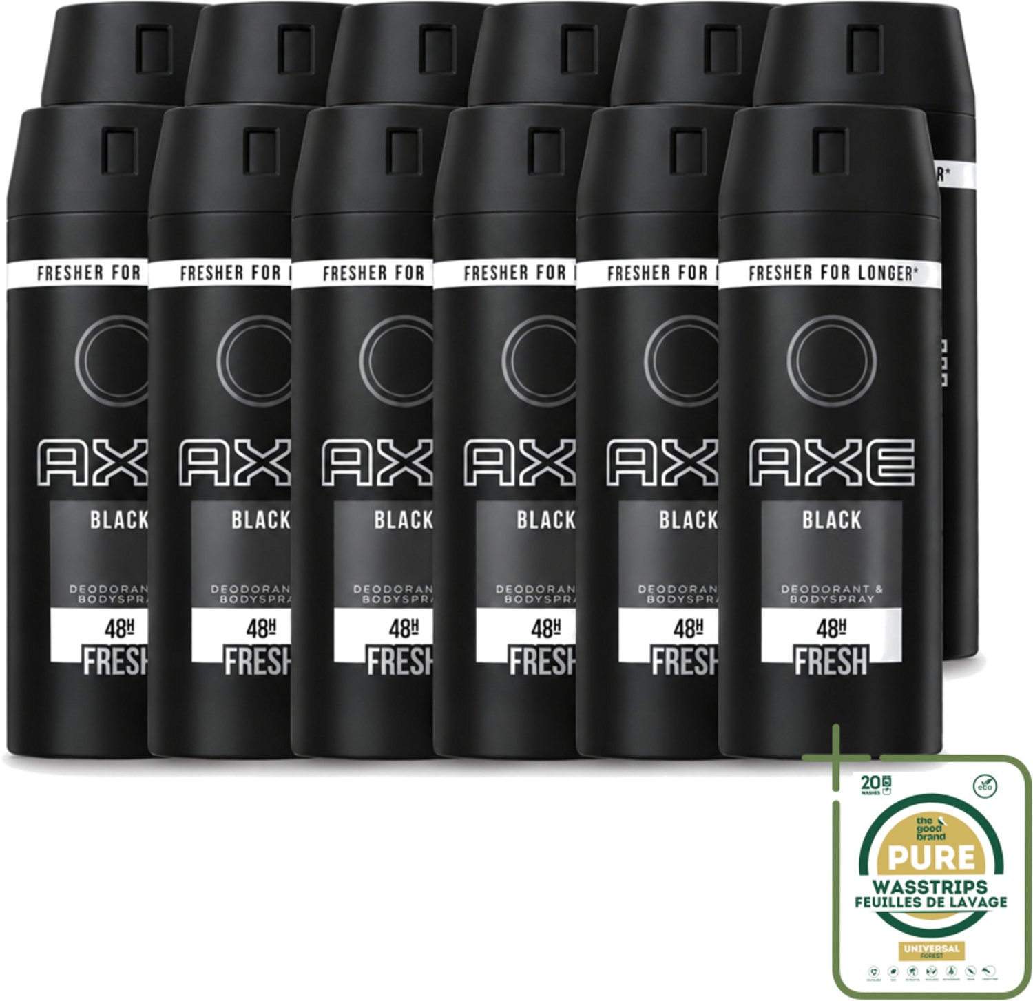 12 x Axe - Deodorant Bodyspray - 48hrs Fresh - Black - 150 ml - Wasstrips - Axe Deodorant - Bodyspray - Anti-transpirant - Zweetgeur - Sandelhout