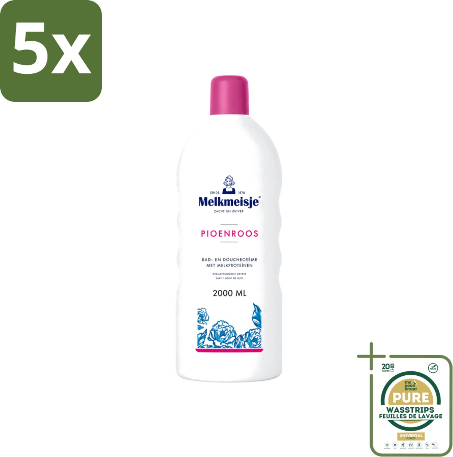 5 x Melkmeisje - Bad & Douche - Pioenroos Geur - Verzorgend & Hydraterend - 2000 ml - Wasstrips - Douchecrème - Melkproteïnen - Katoen - Huidverzorging - Pioenroos