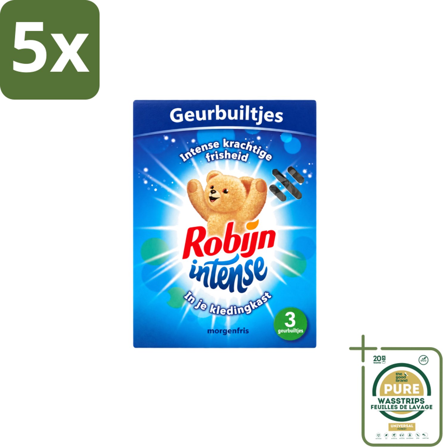 5 x Robijn - Intense - Geurbuiltjes - Langdurige Geur - Intense Frisheid - 3 Geurbuiltjes - Wasstrips - Geur In Kleding - Langdurige Geur - Frisse Geur - Geurbuiltjes - Kledingkast Geur
