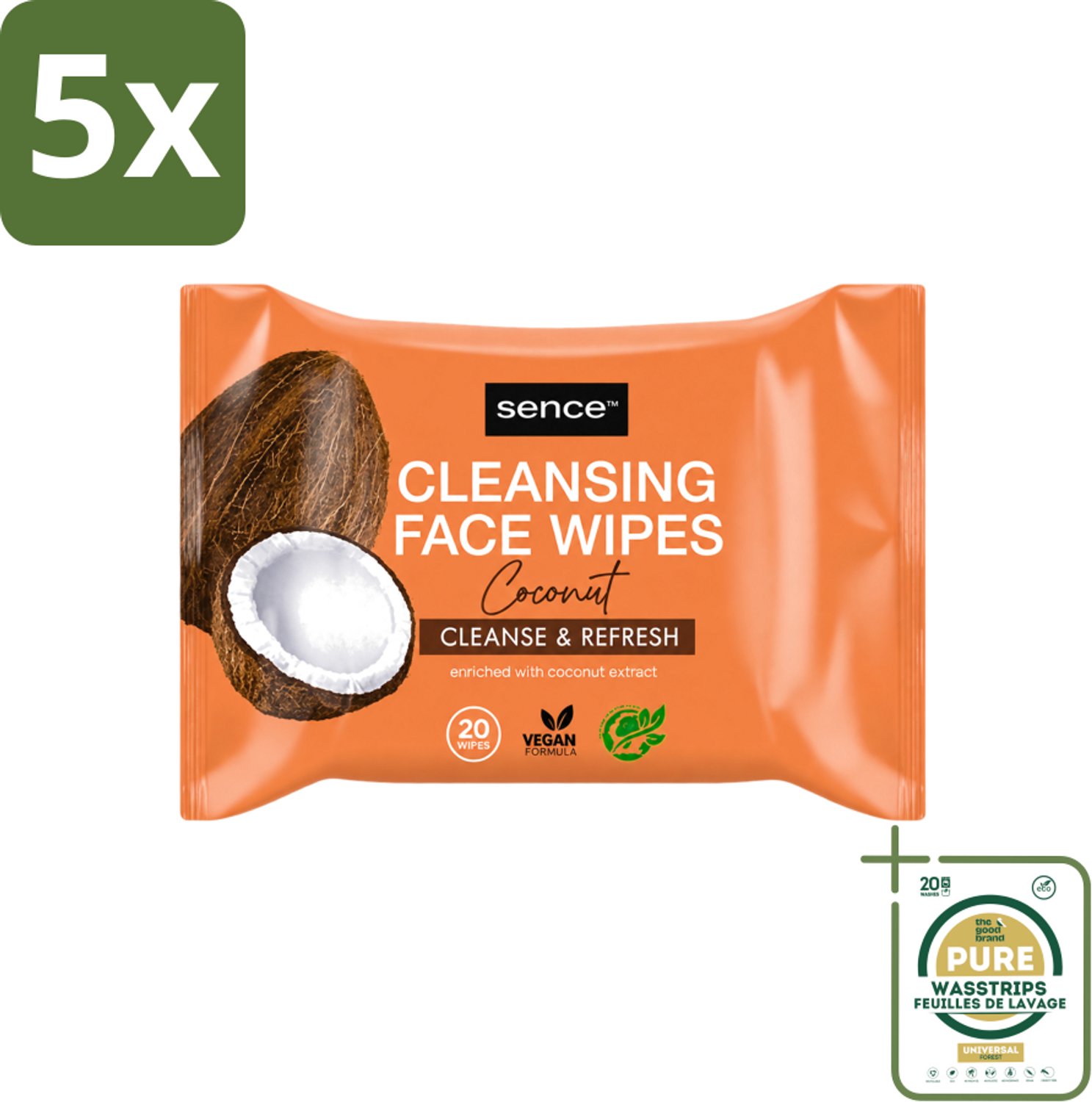 5 x Sence - Coconut - Gezichtsreinigingsdoekjes - Verzorgend - 20 Doekjes - Wasstrips - Gezichtsreinigingsdoekjes - Kokos - Huidverzorging - Make-up Verwijderen - Hydrateren